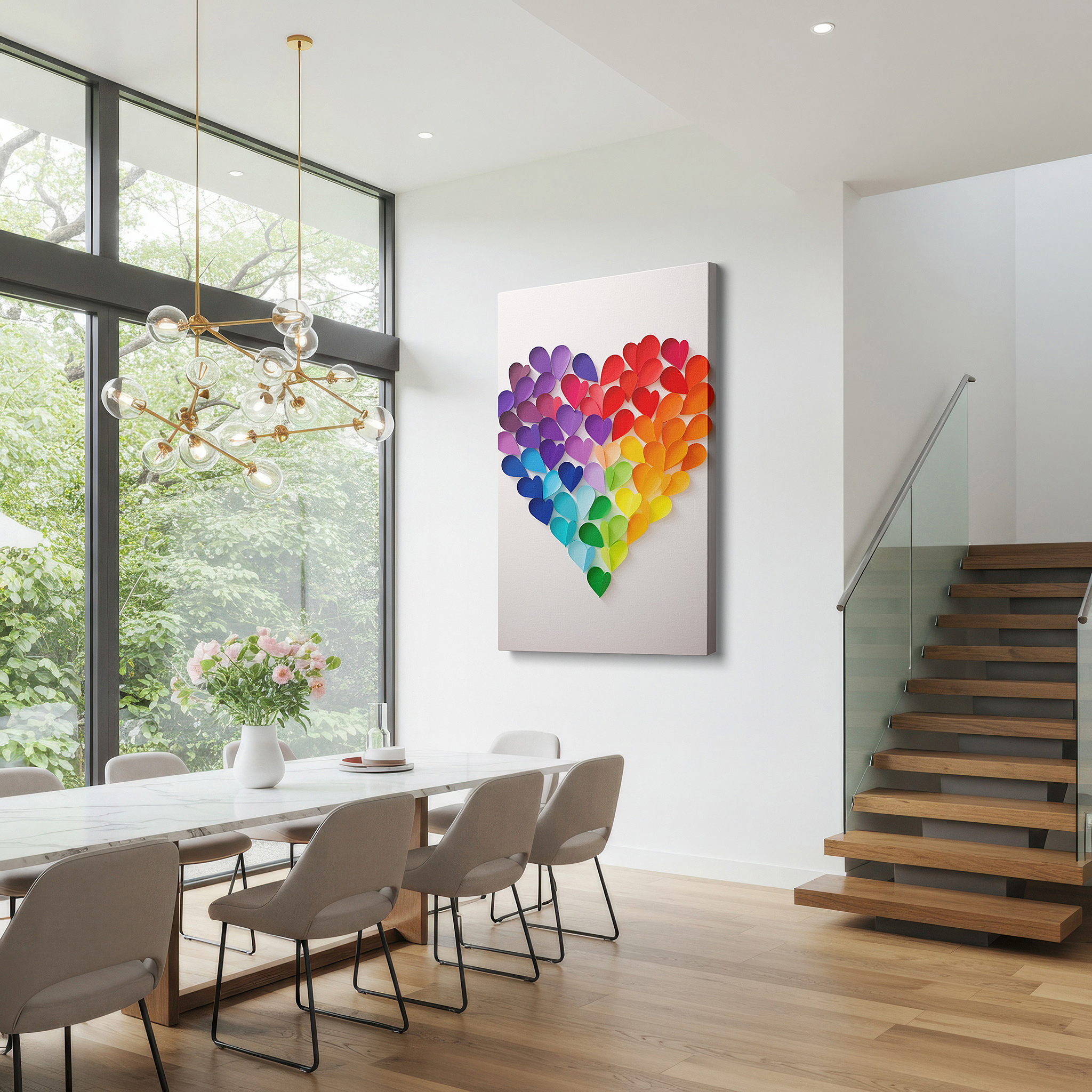 Featured in a dining room with dark wood furniture and candlelight — vibrant paper hearts wall art celebrating love, unity, and diversity - perfect for office, bedroom, and living room decor