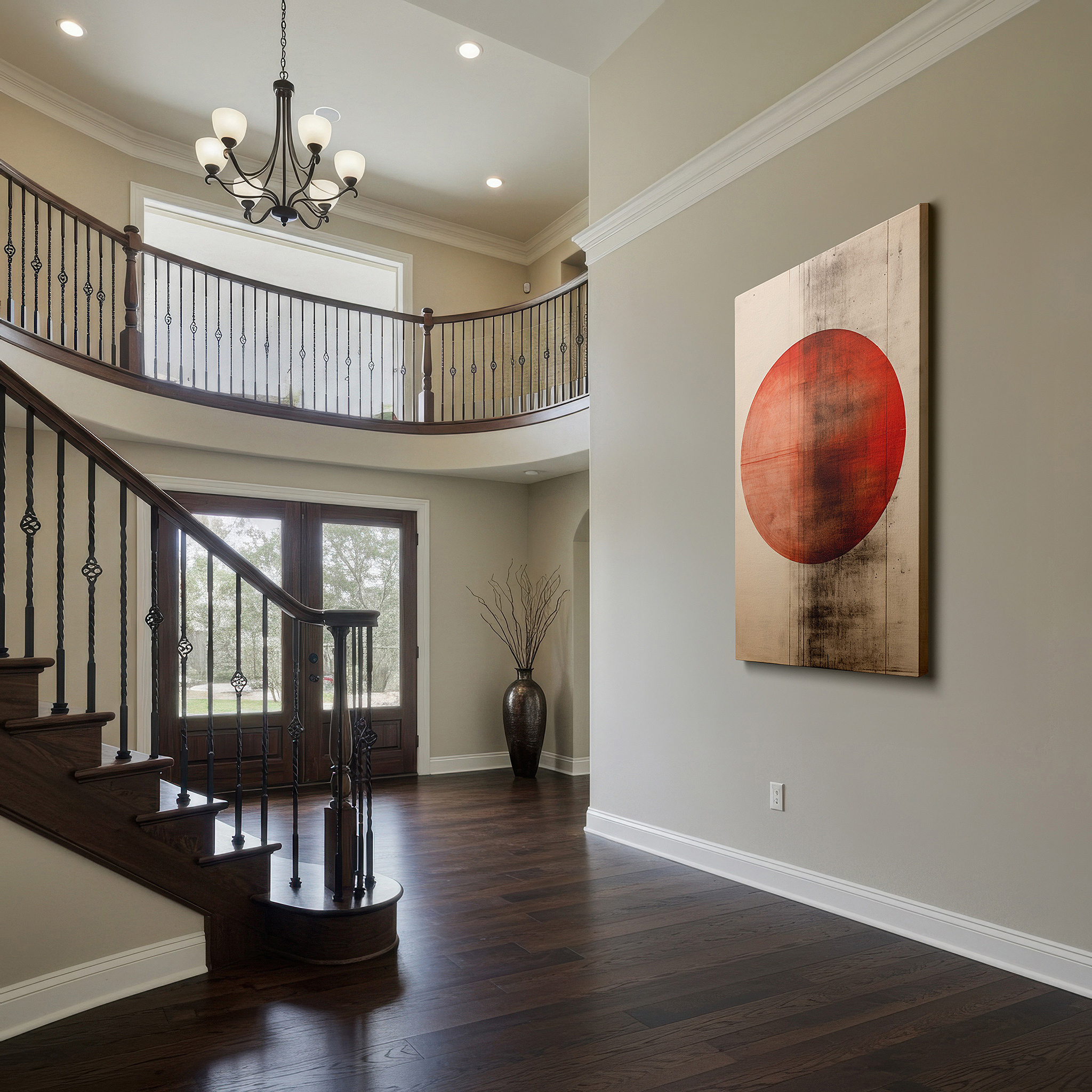 Featured in a dining room with dark wood furniture and candlelight — vibrant red circle on textured natural background, representing unity and energy - large wall art, canvas wall art, wall decor for office and bedroom
