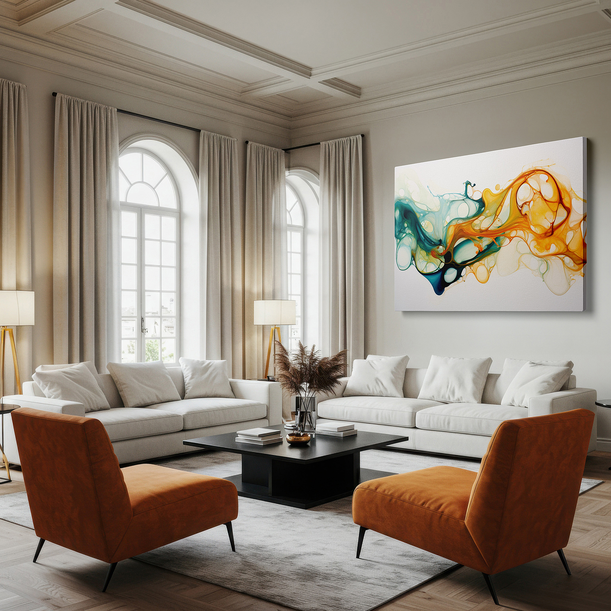 Featured in a dining room with dark wood furniture and candlelight — a visual symphony of orange and teal: capturing movement and emotion in abstract splendor - large wall art, canvas wall art, wall decor for office