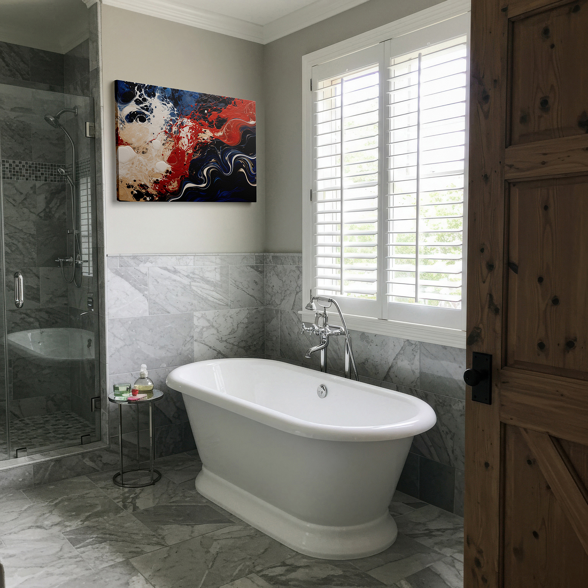 Featured in a dining room with dark wood furniture and candlelight — a vivid display of reds, blues, and whites: celebrating motion and emotion - large wall art, canvas wall art, wall decor for offices