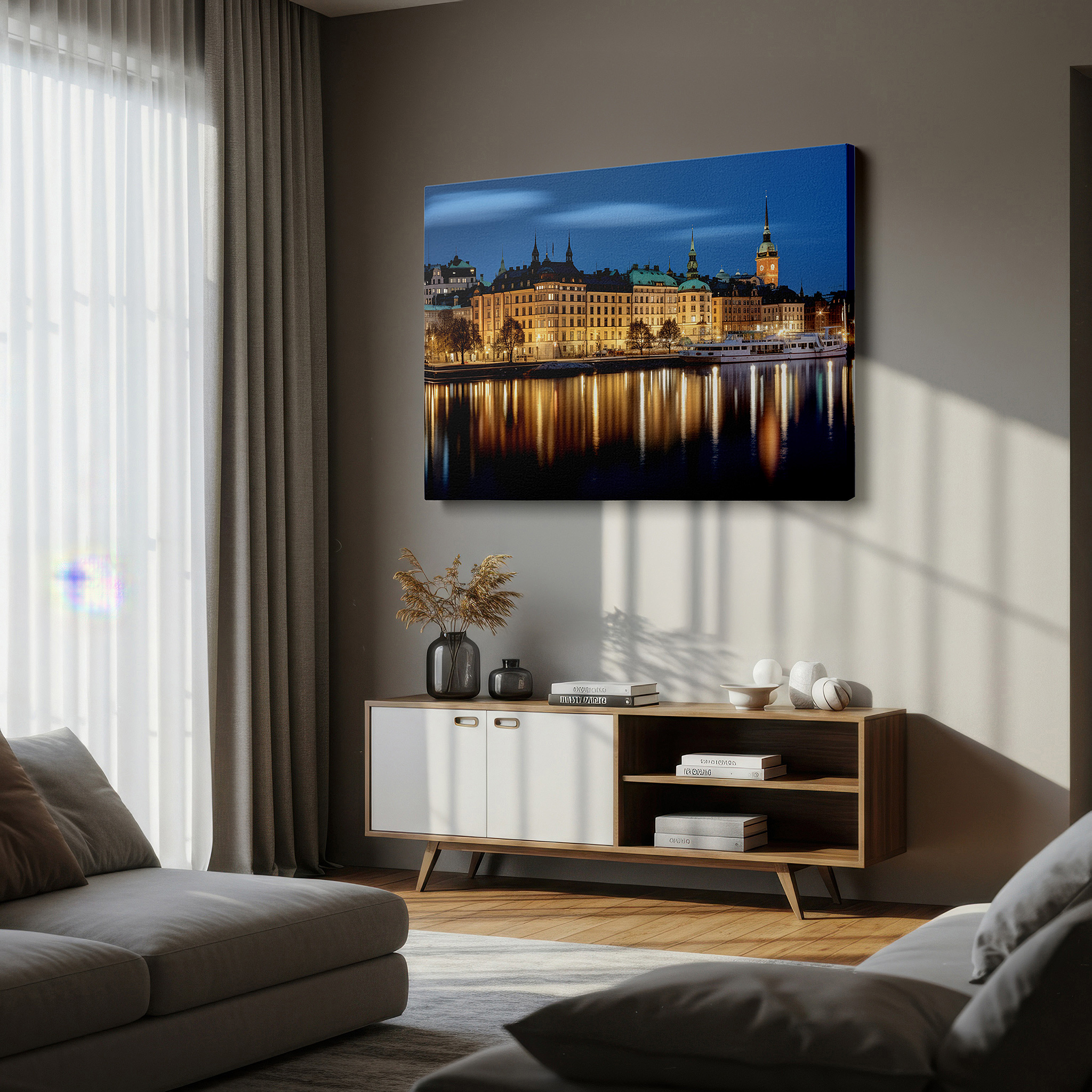Featured in a dining room with dark wood furniture and candlelight — wall art: captivating stockholm at night - a dynamic fusion of timeless elegance and contemporary vitality, large canvas wall art, wall decor for office