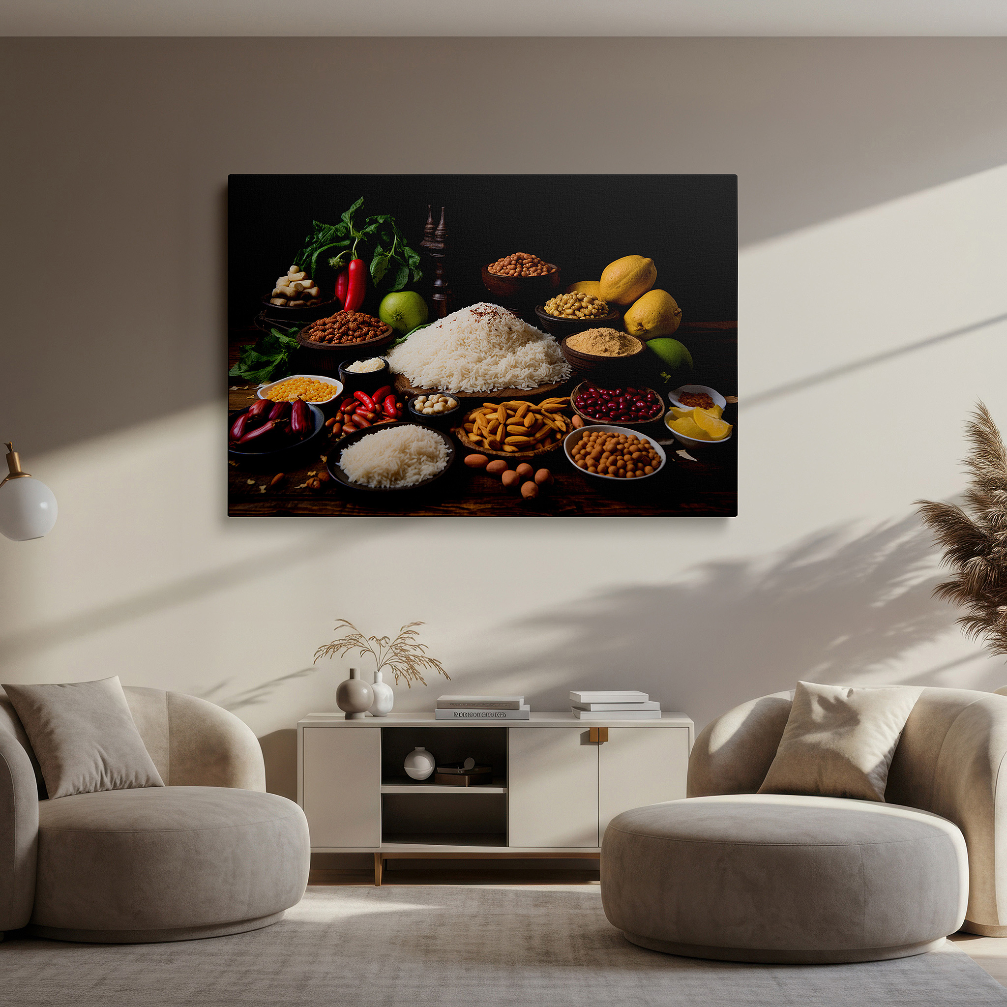 Featured in a dining room with dark wood furniture and candlelight — wall art: celebrating nature's bounty and culinary diversity on a rustic table - large canvas wall art for home and office decor