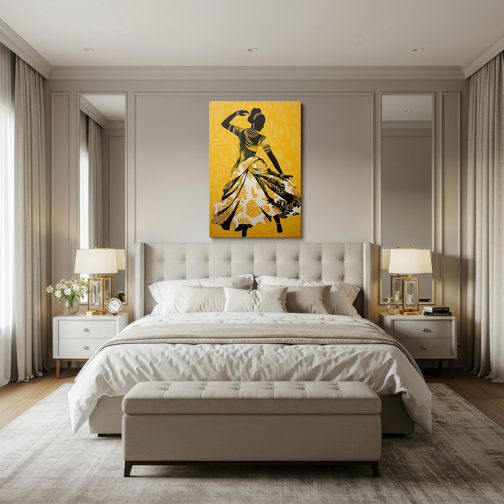 Featured in a dining room with dark wood furniture and candlelight — wall art: elegant dancer in a flowered dress on a bright yellow background, representing femininity and freedom - large canvas wall art for home and office decor