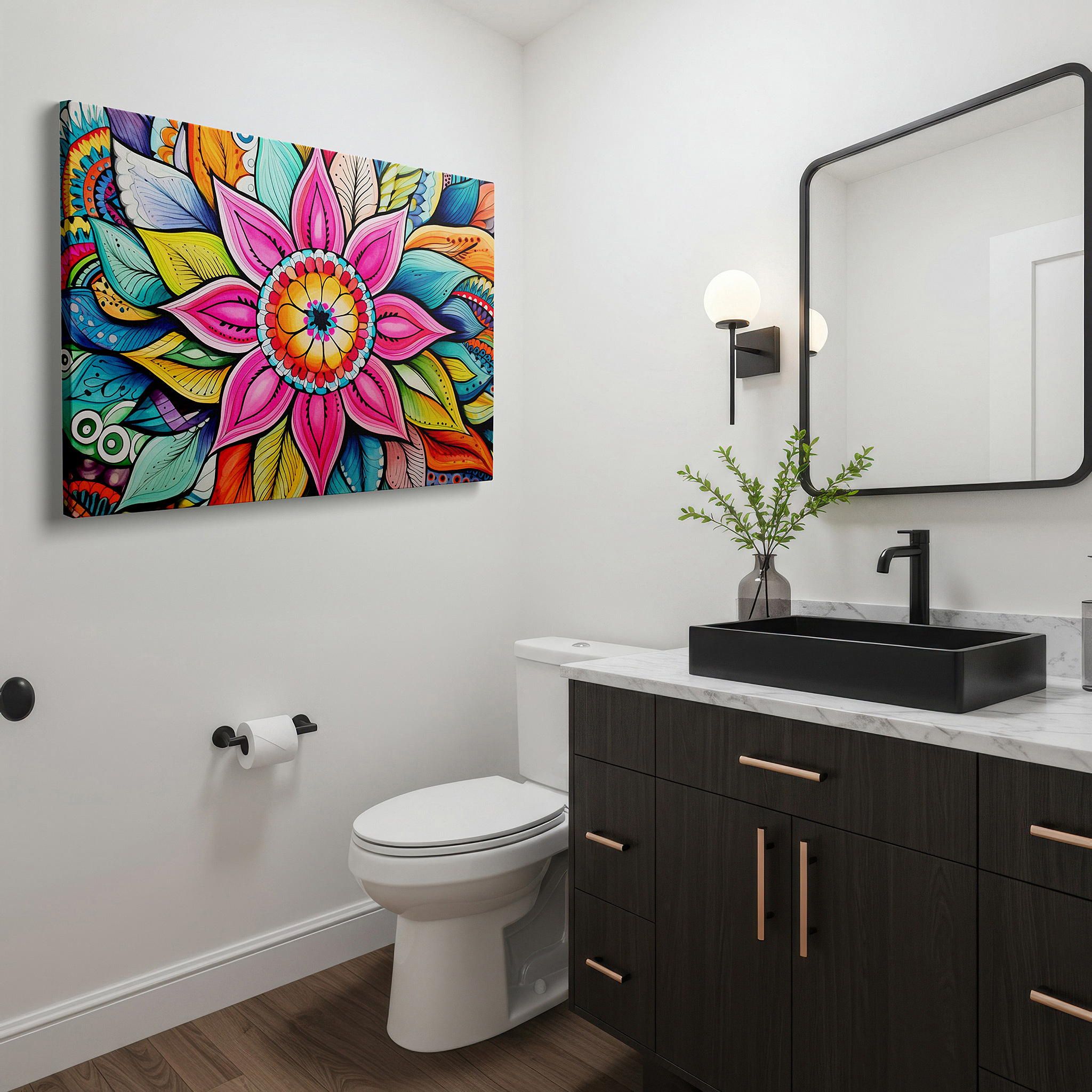 Featured in a dining room with dark wood furniture and candlelight — wall art: enchanting floral symphony featuring vibrant blossoms and lush leaves - large canvas wall art for office and bedroom decor