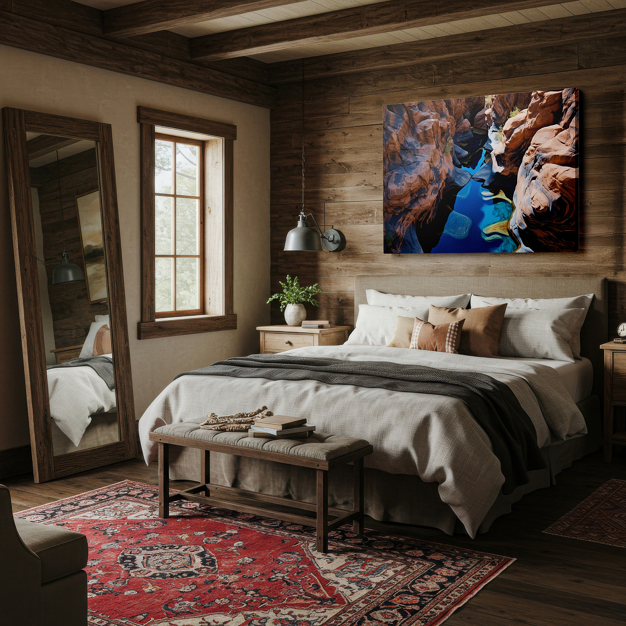 Featured in a dining room with dark wood furniture and candlelight — wall art: large canvas featuring the serene majesty of a meandering canyon with vibrant reflections in tranquil waters, ideal for office decor