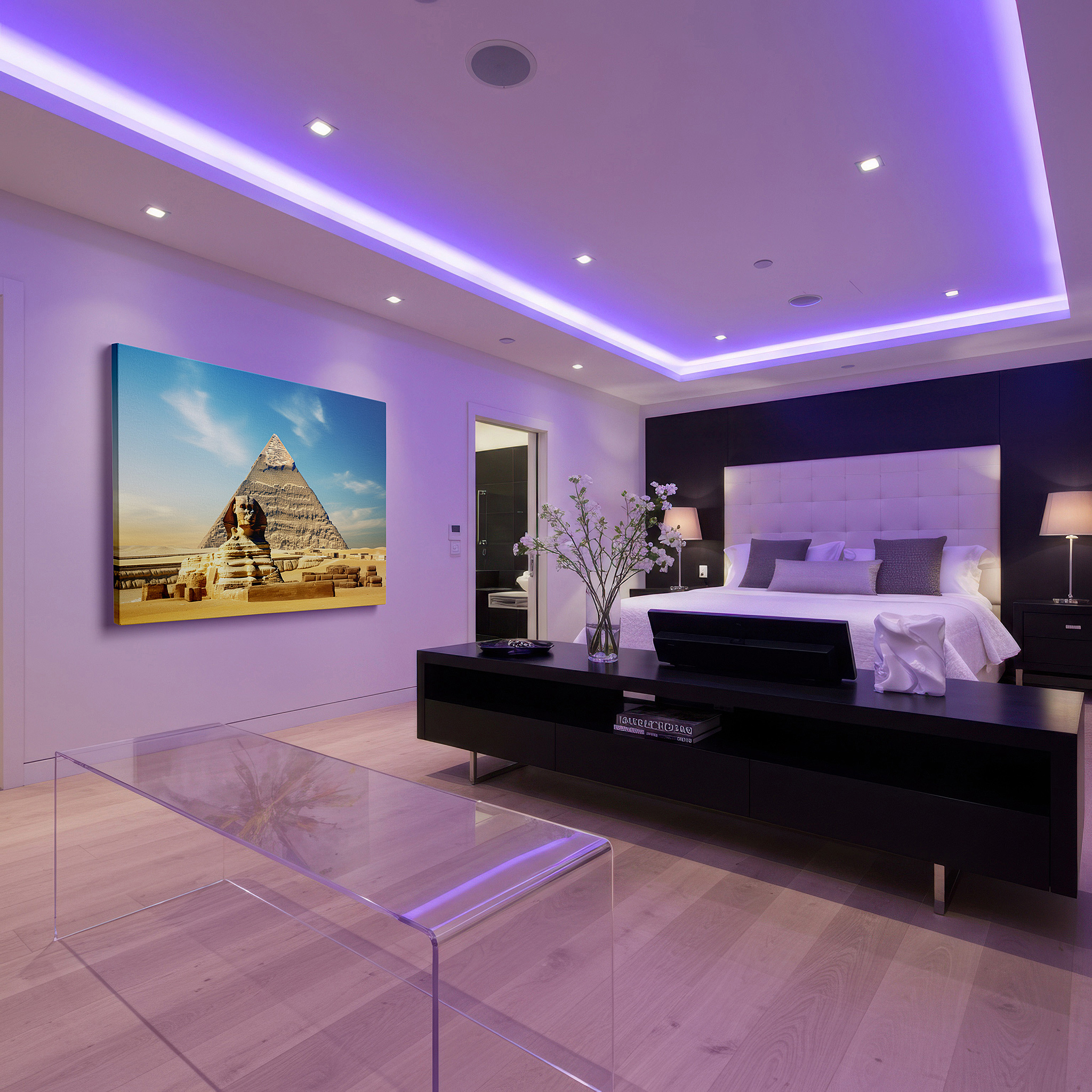 Featured in a dining room with dark wood furniture and candlelight — wall art: majestic sphinx and pyramid beneath a bright blue sky - a tribute to the wonders of ancient egypt, large canvas wall art for home and office decor