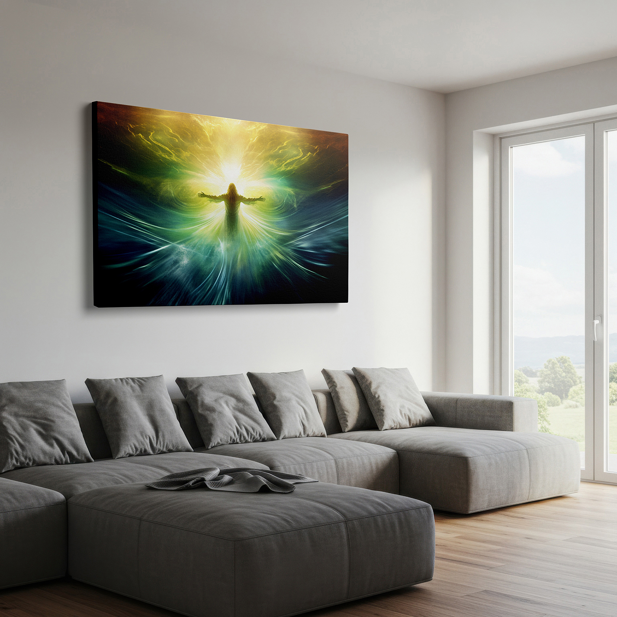 Featured in a dining room with dark wood furniture and candlelight — wall art: radiant figure amid cosmic hues - a journey of spiritual enlightenment and universal connection. large canvas wall art for office decor.