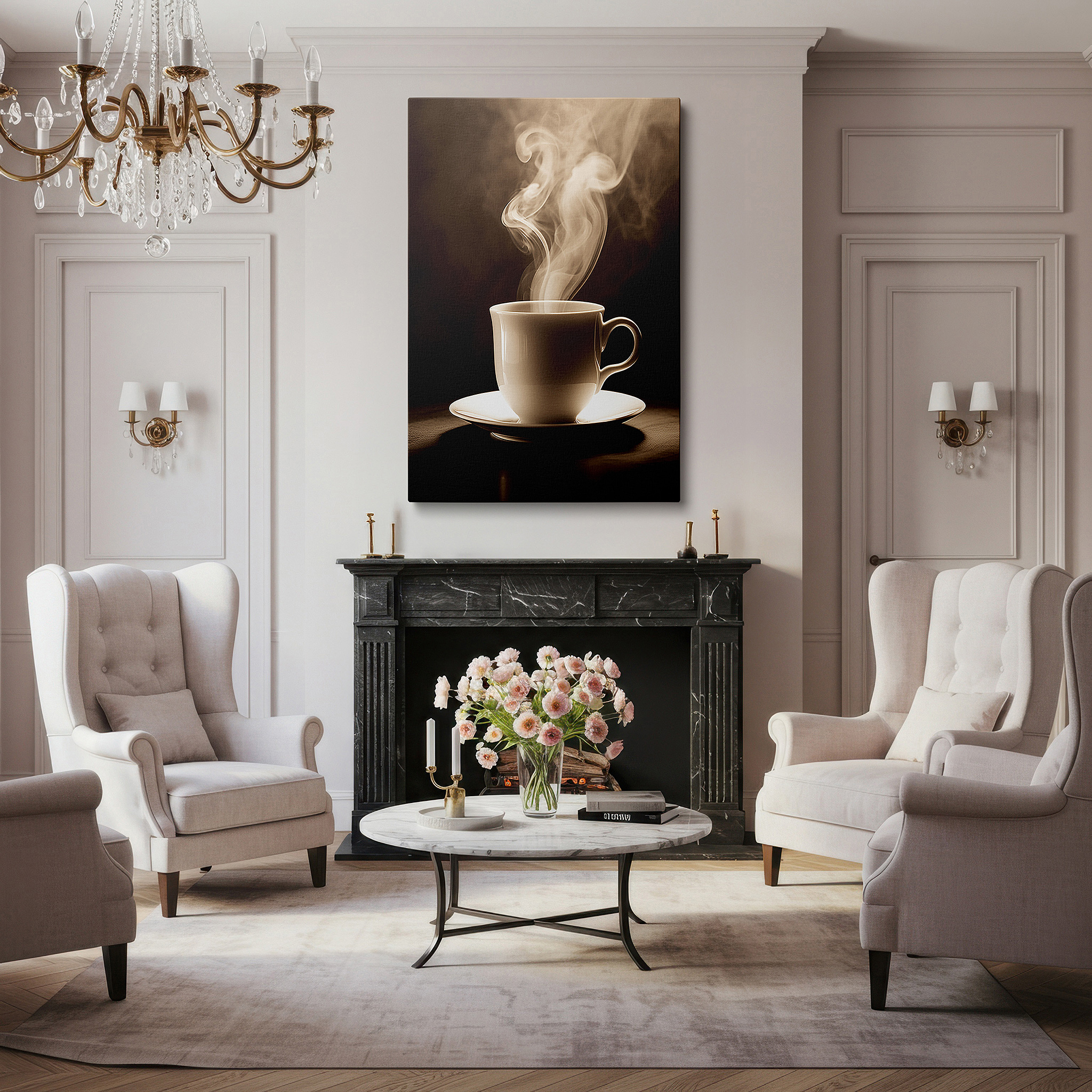 Featured in a dining room with dark wood furniture and candlelight — wall art: serene coffee cup with rising steam - a peaceful reminder to enjoy the simple joys in life. ideal for home or office decor, large canvas wall art.
