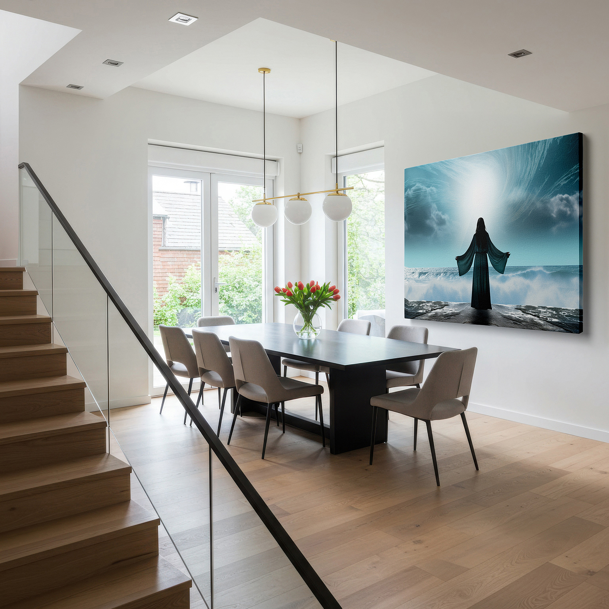 Featured in a dining room with dark wood furniture and candlelight — wall art: serene seascape with figure on cliff - embrace nature's grandeur and peacefulness. ideal for home or office decor, large canvas wall art.