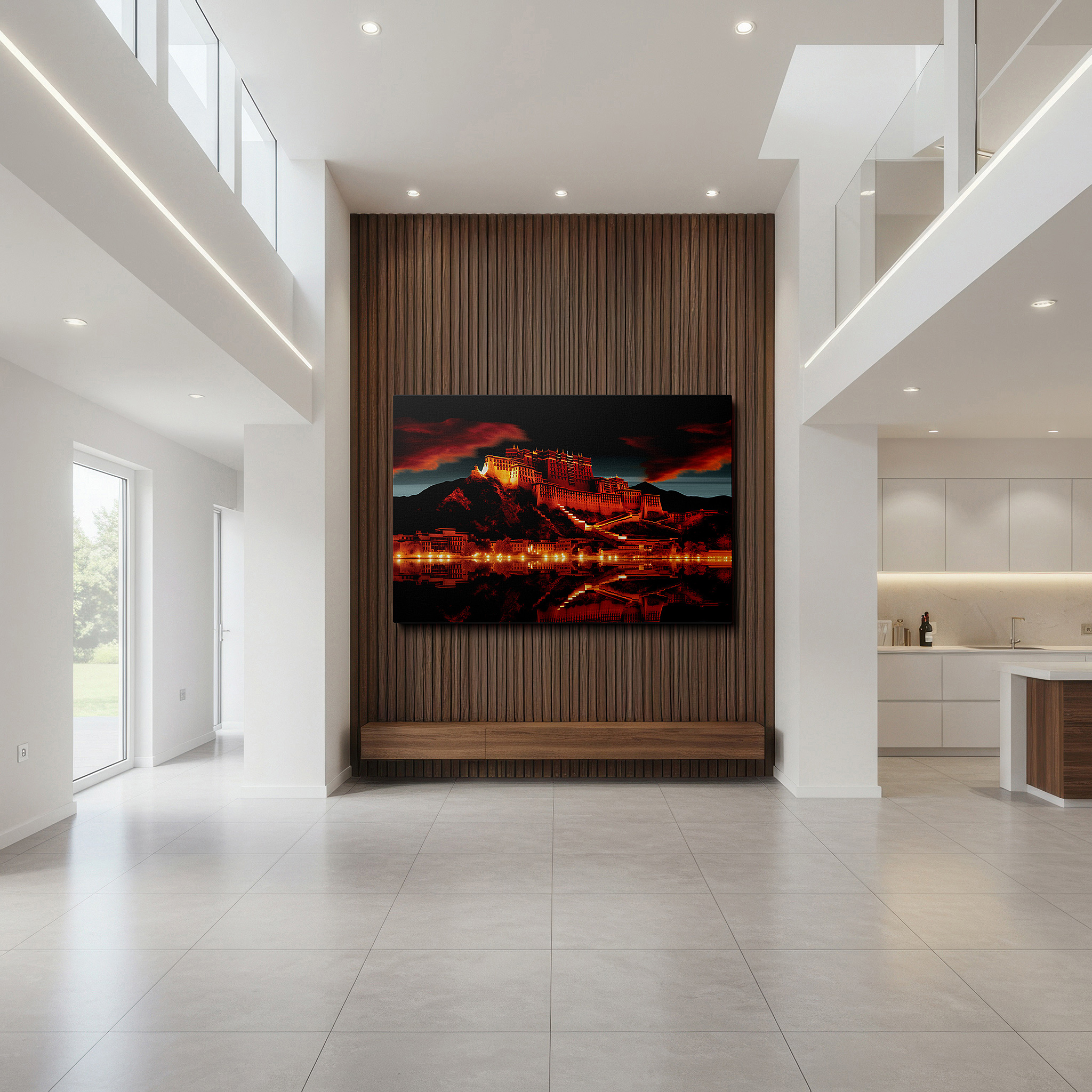 Featured in a dining room with dark wood furniture and candlelight — wall art: starlit majesty of the potala palace - golden glow amid twilight blues. large canvas wall art for office and bedroom decor.