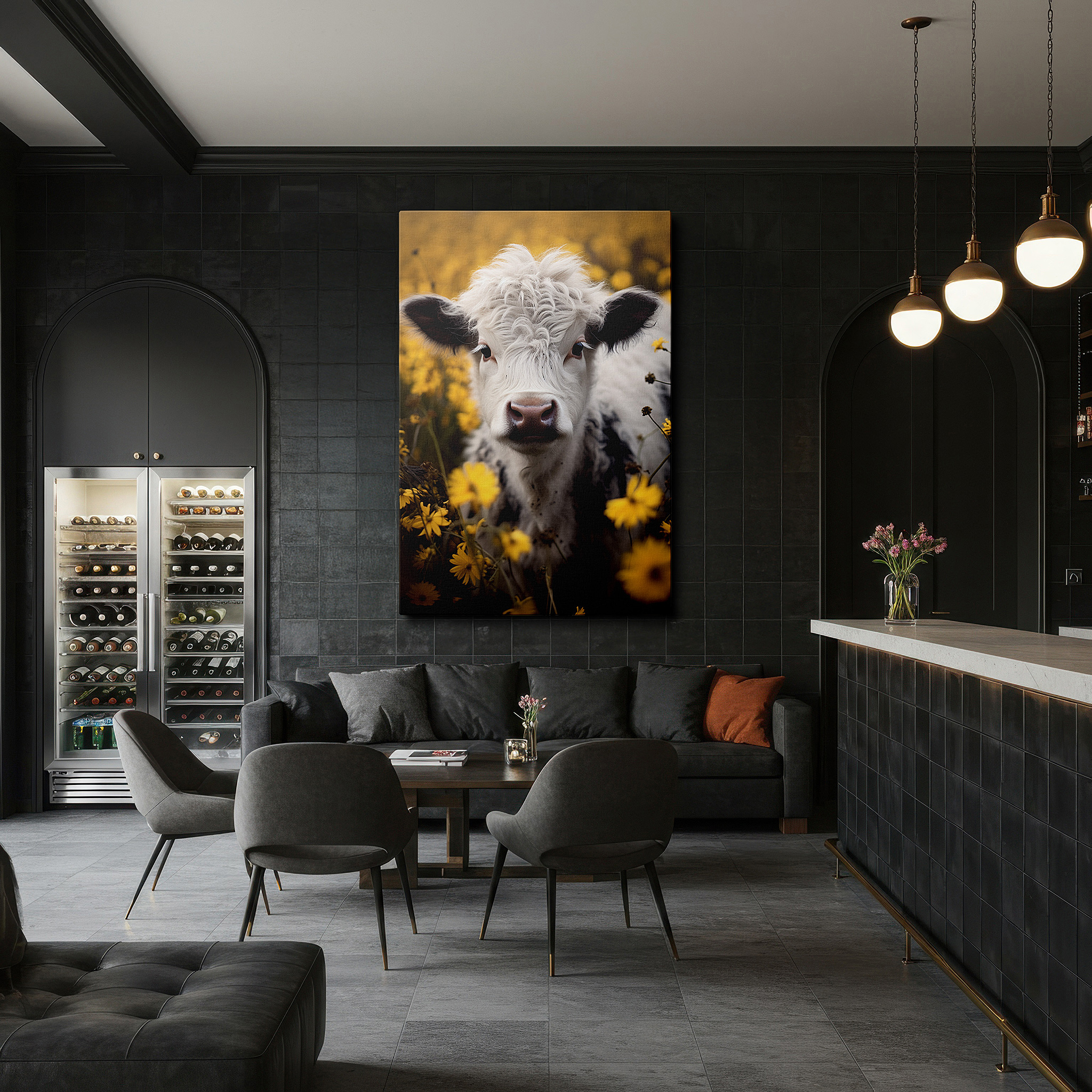 Featured in a dining room with dark wood furniture and candlelight — wall art: tranquil countryside elegance featuring a calm cow in a lush meadow - large canvas wall art for home and office decor, perfect for living rooms and bedrooms