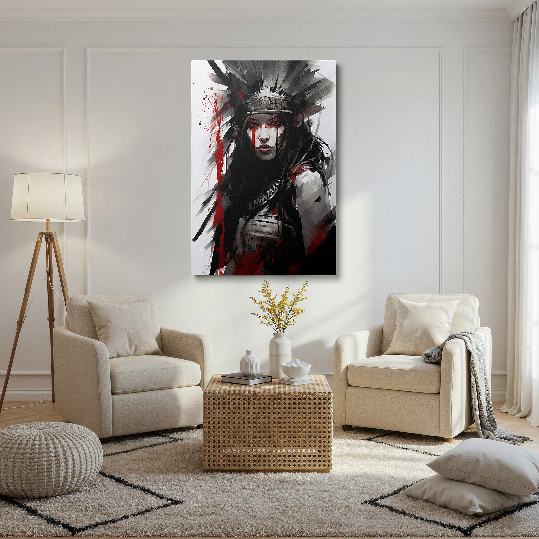 Featured in a dining room with dark wood furniture and candlelight — wall decor: bold tribal warrior woman, celebrating cultural power and legacy, large canvas art for home and office