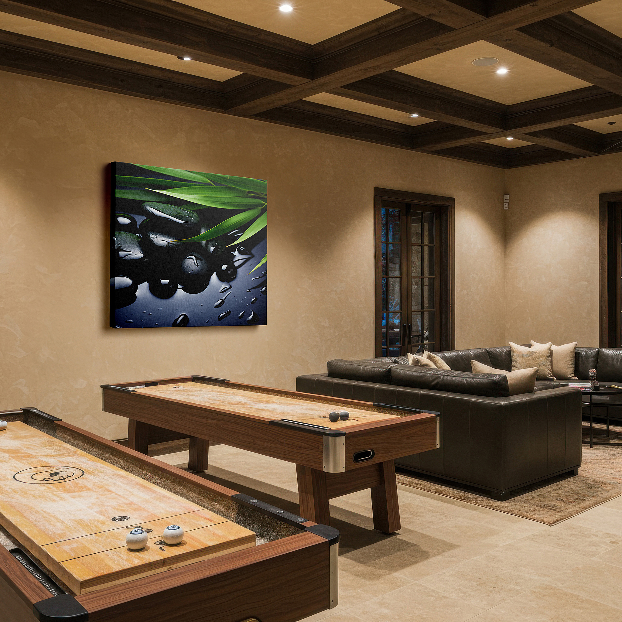 Featured in a dining room with dark wood furniture and candlelight — wall decor: sleek black stones and lush green leaves with shiny water droplets - tranquil nature scene, large canvas art for home and office