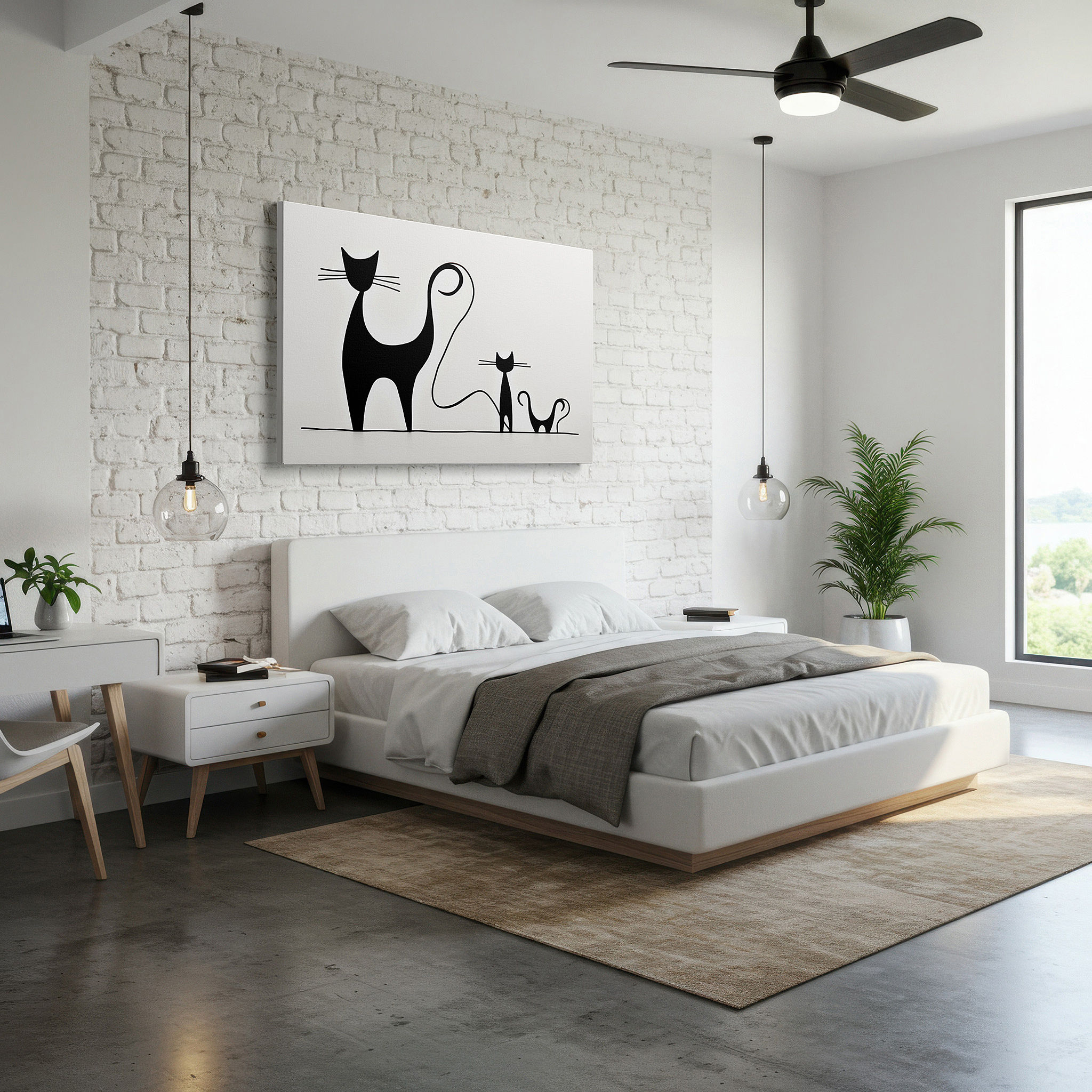 Featured in a dining room with dark wood furniture and candlelight — whimsical black cats in minimalist style: tranquil and playful large wall art for office and bedroom decor