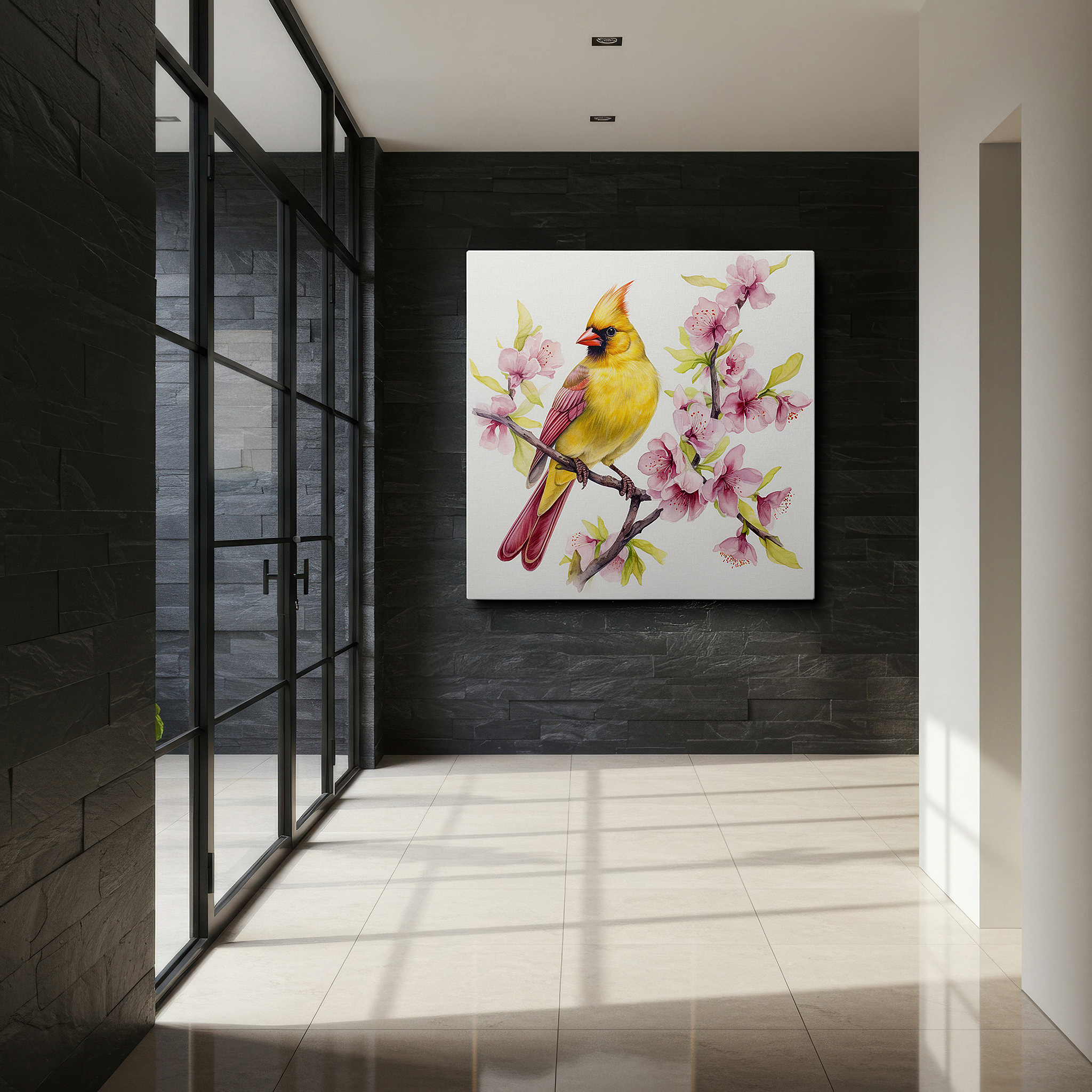 Featured in a dining room with dark wood furniture and candlelight — yellow cardinal in pink blossoms: serene and vibrant large wall art for office or bedroom decor