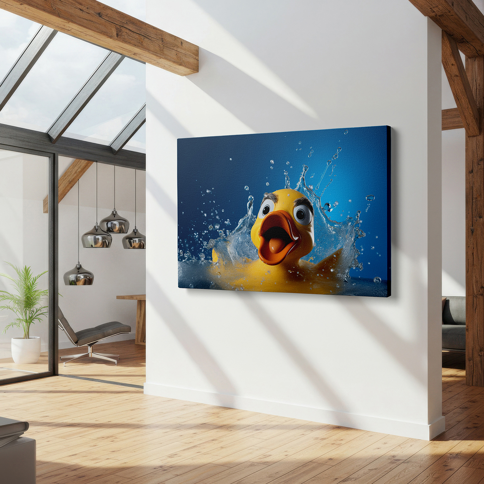 Featured in a dining room with dark wood furniture and candlelight — yellow rubber duck and water splashes wall art, large canvas decor for office, bedroom, and living room