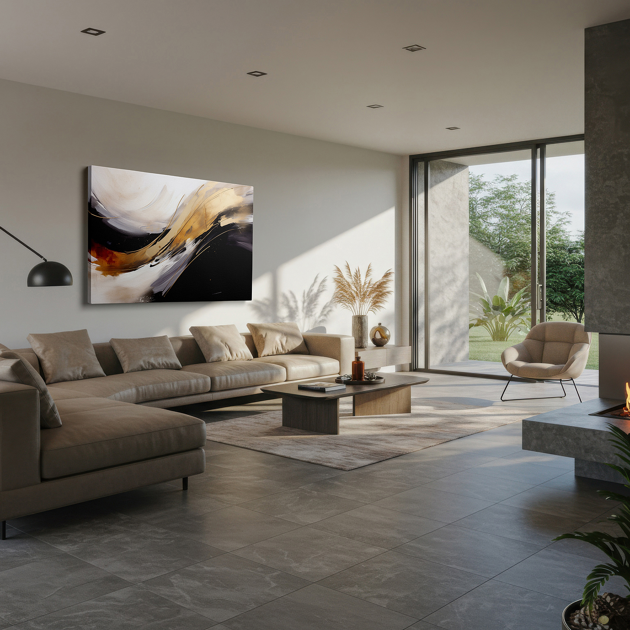 Framed by abstract decor and natural-toned accessories — abstract elegance: bold lines and monochrome palette with luxurious gold accents - large canvas wall art for office decor