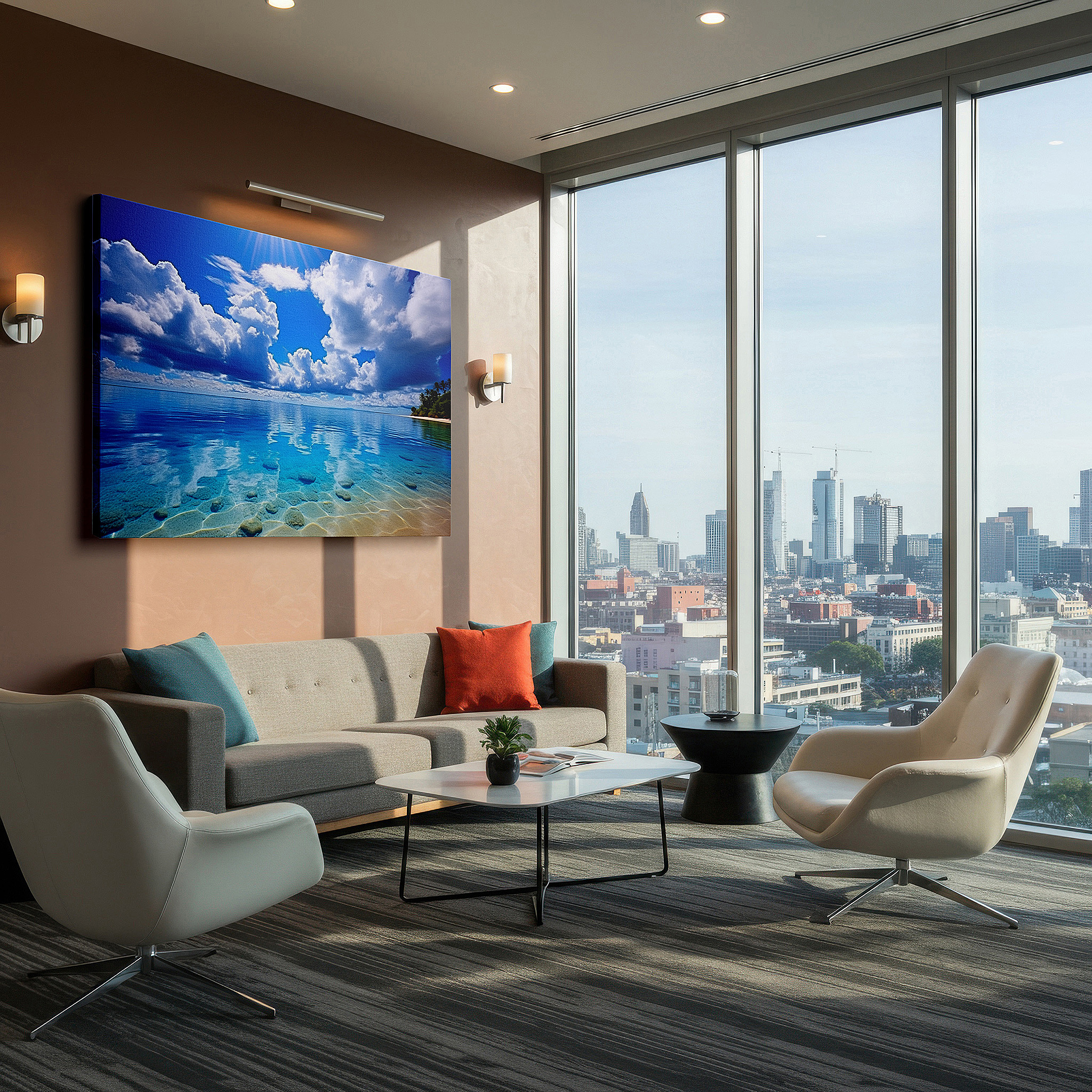 Framed by abstract decor and natural-toned accessories — abstract ocean waves in vibrant blues: symbolizing renewal and infinite opportunities - large wall art, canvas wall art, wall decor for office