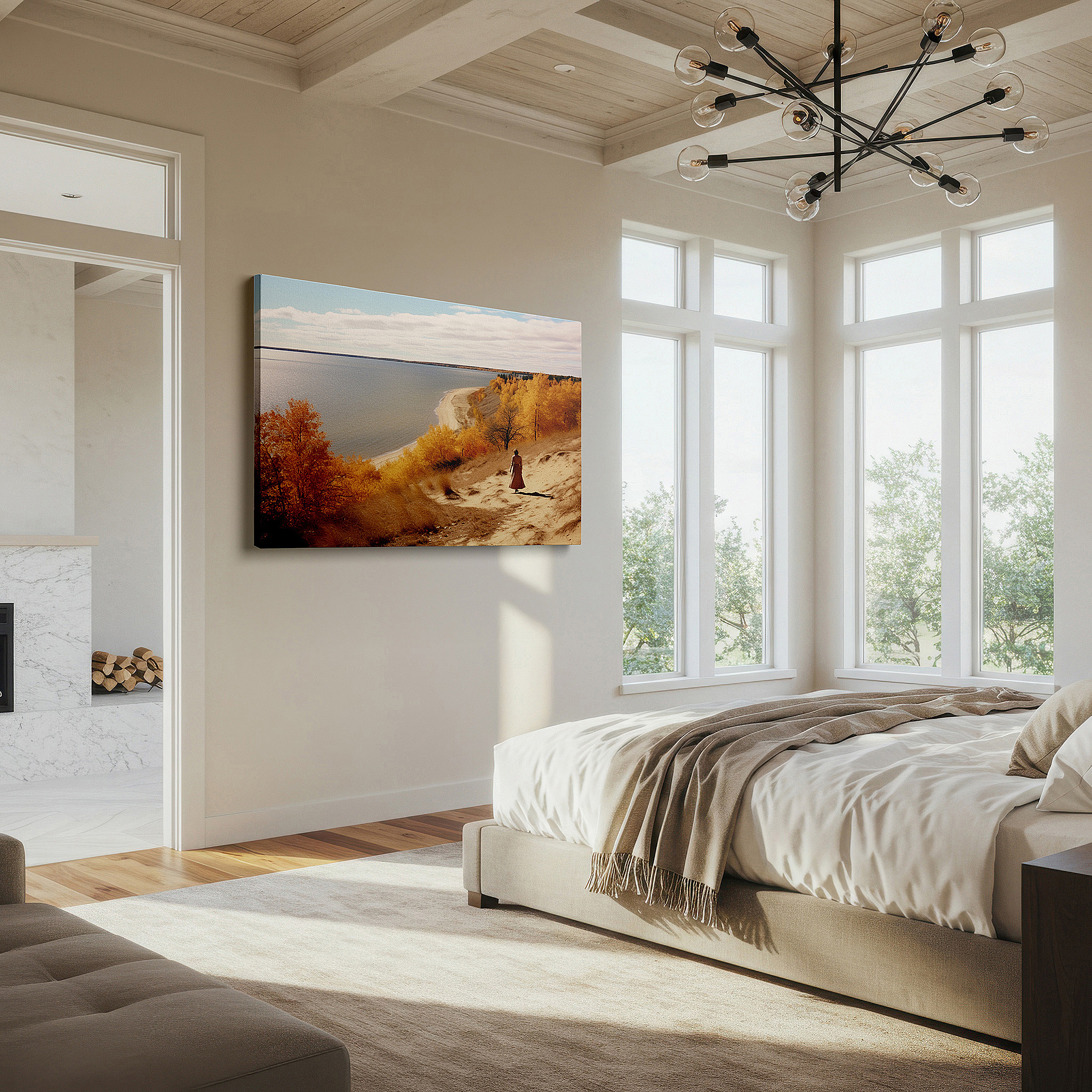 Framed by abstract decor and natural-toned accessories — autumn beach tranquility: serene large wall art for bedrooms and offices, featuring vibrant autumn colors on canvas