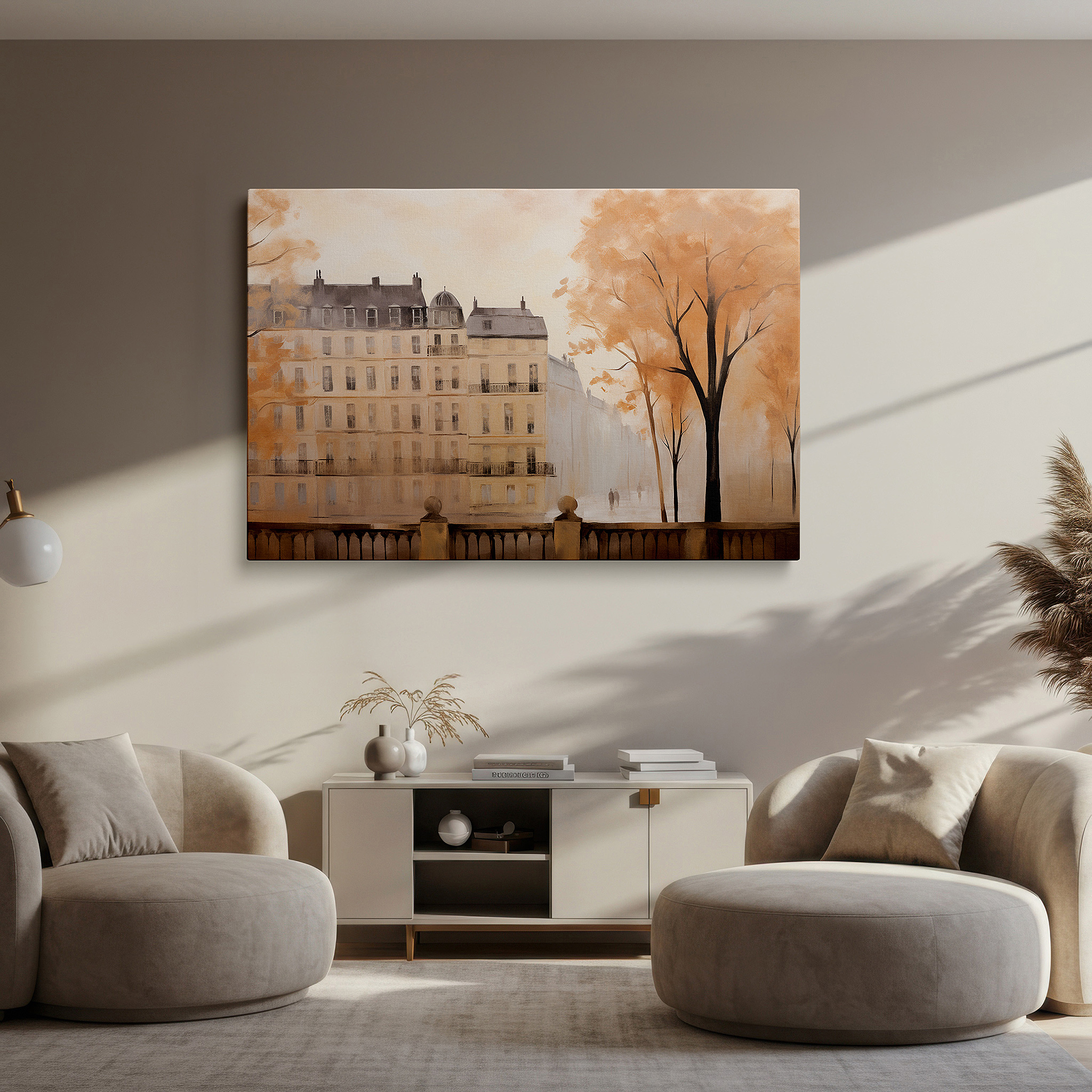 Framed by abstract decor and natural-toned accessories — autumn cityscape canvas wall art featuring fiery leaves and cobblestone streets for office and bedroom decor