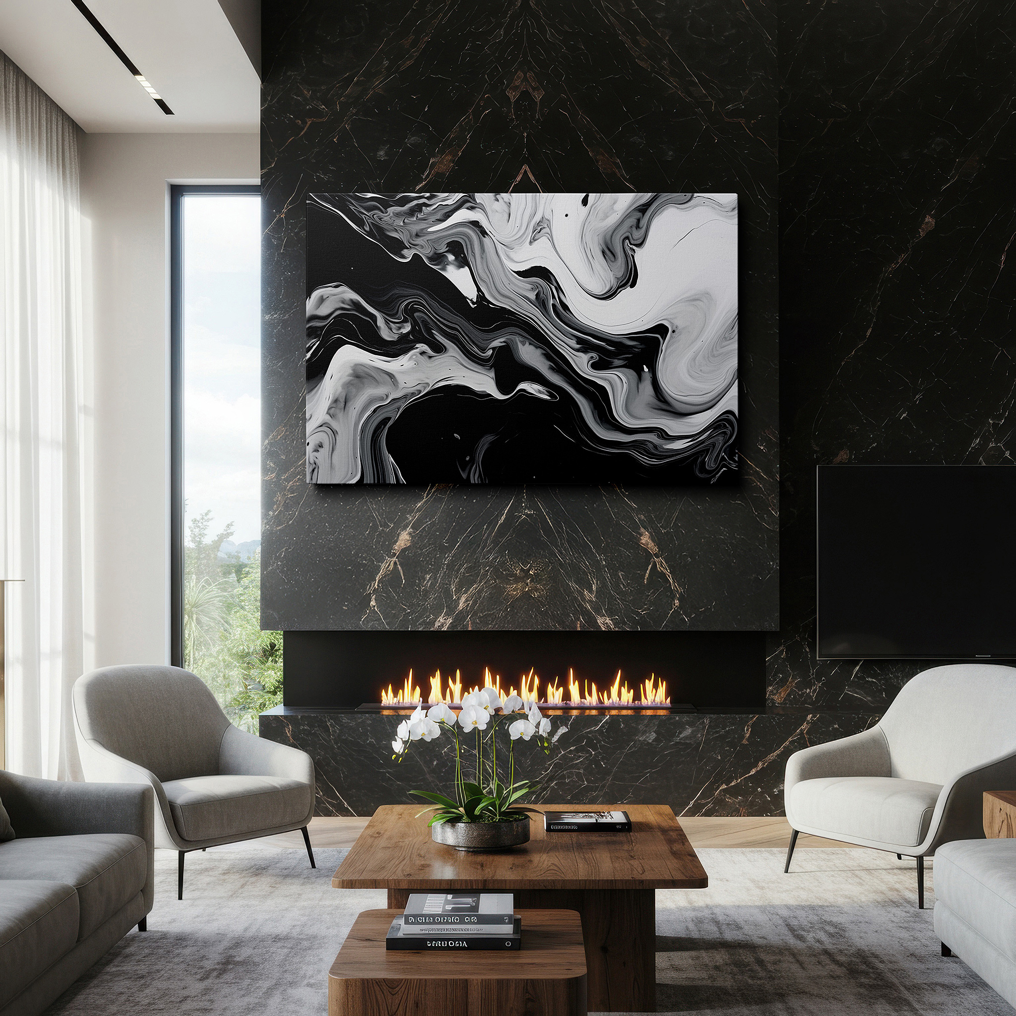 Framed by abstract decor and natural-toned accessories — black and white large wall art: a dance of chaos and harmony, perfect for office, bedroom, and living room decor