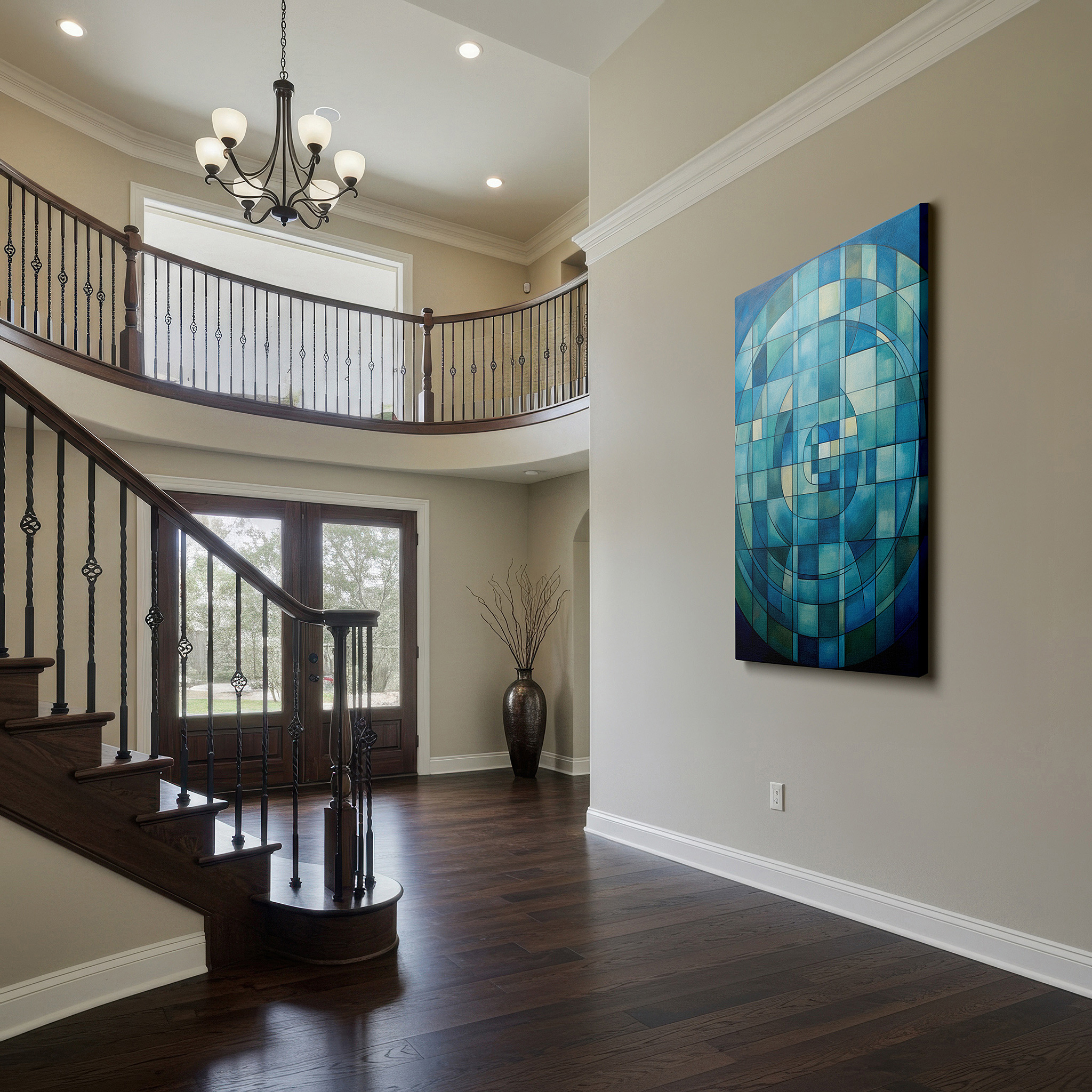 Framed by abstract decor and natural-toned accessories — blue geometric symphony - abstract shapes large canvas wall art, office and bedroom wall decor