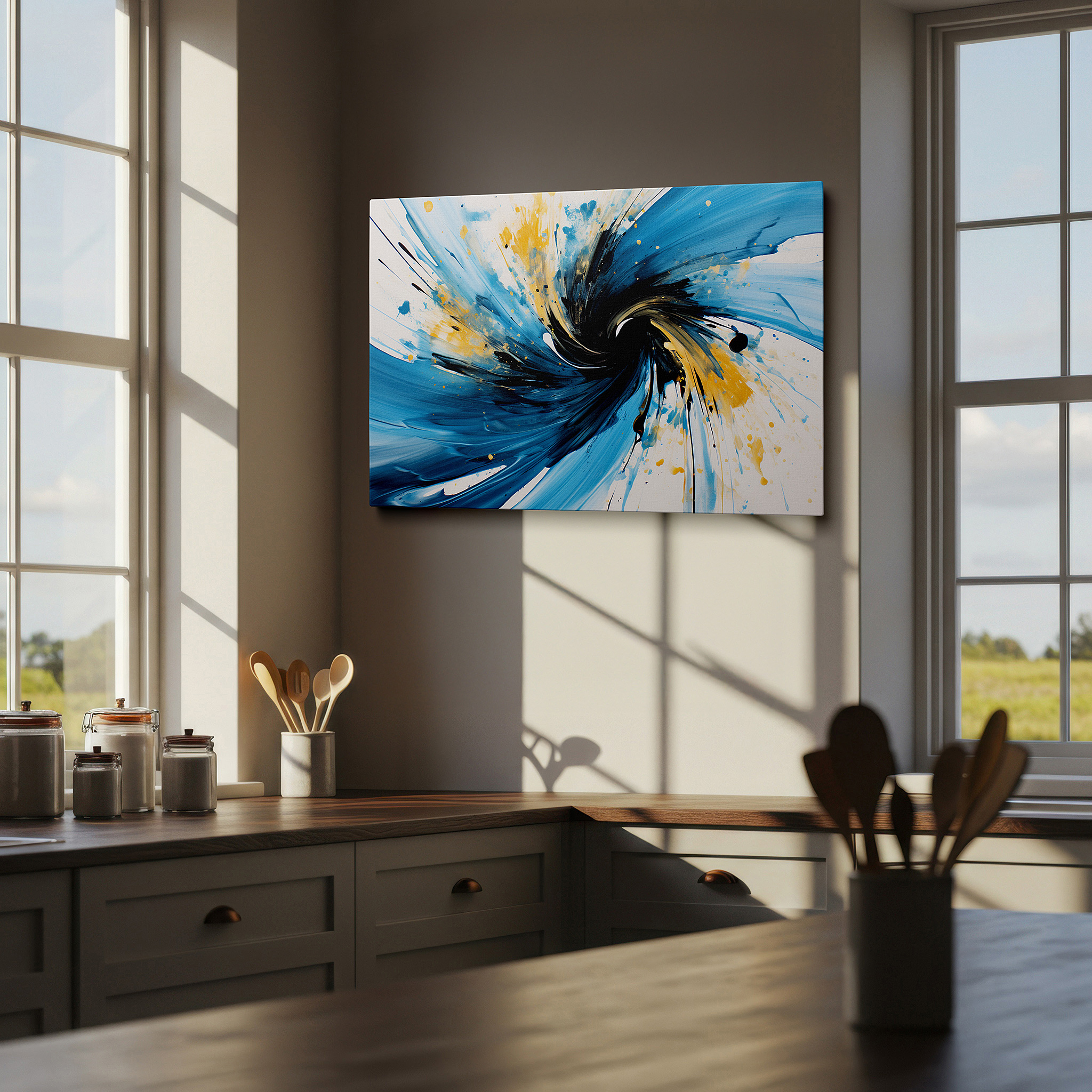Framed by abstract decor and natural-toned accessories — blue and yellow dynamic swirls depicting cosmic motion and playful creativity - large canvas wall art for office and bedroom decor