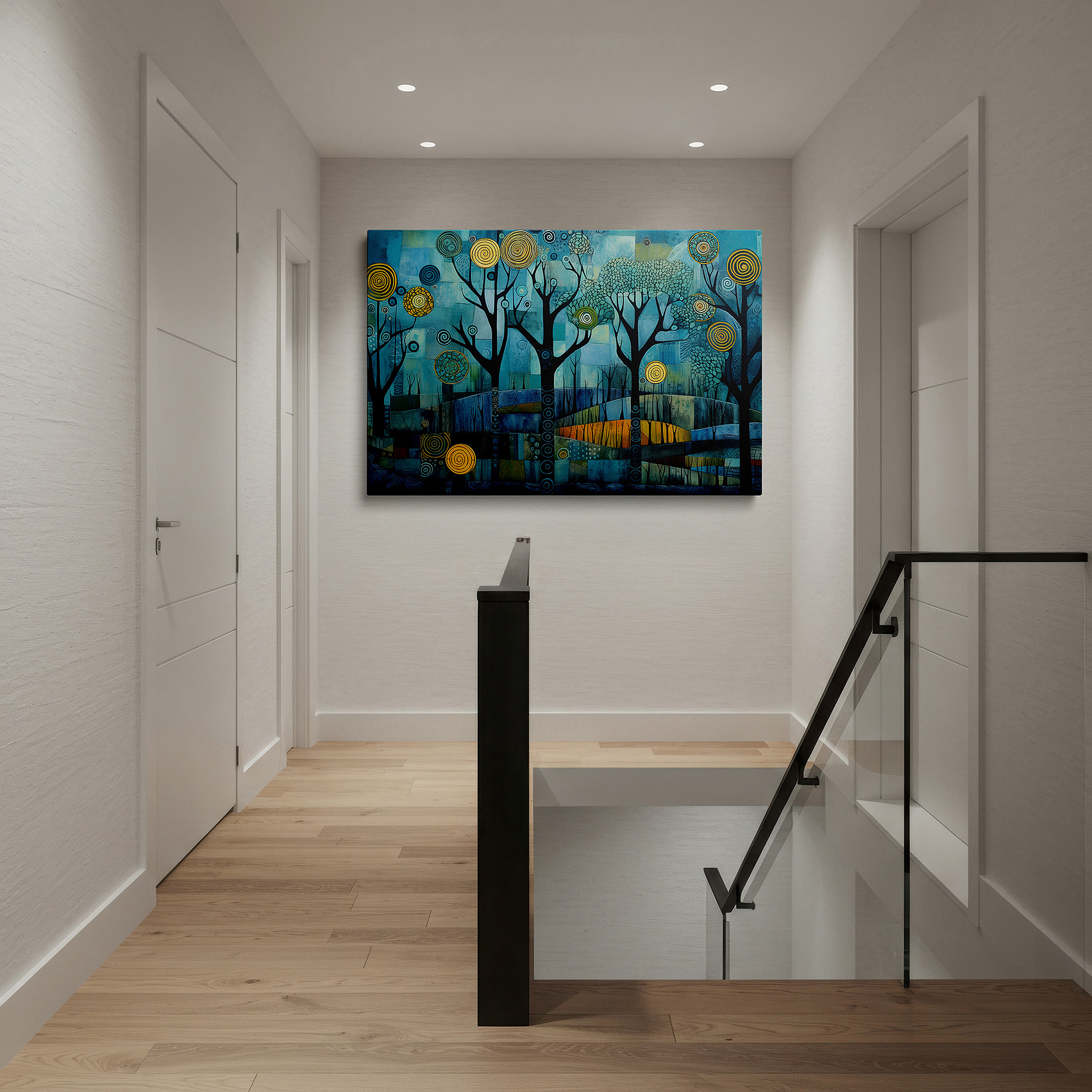 Framed by abstract decor and natural-toned accessories — blue and yellow ethereal trees with dynamic swirls, dreamy abstract nature dance large wall art, canvas wall art, wall decor for office