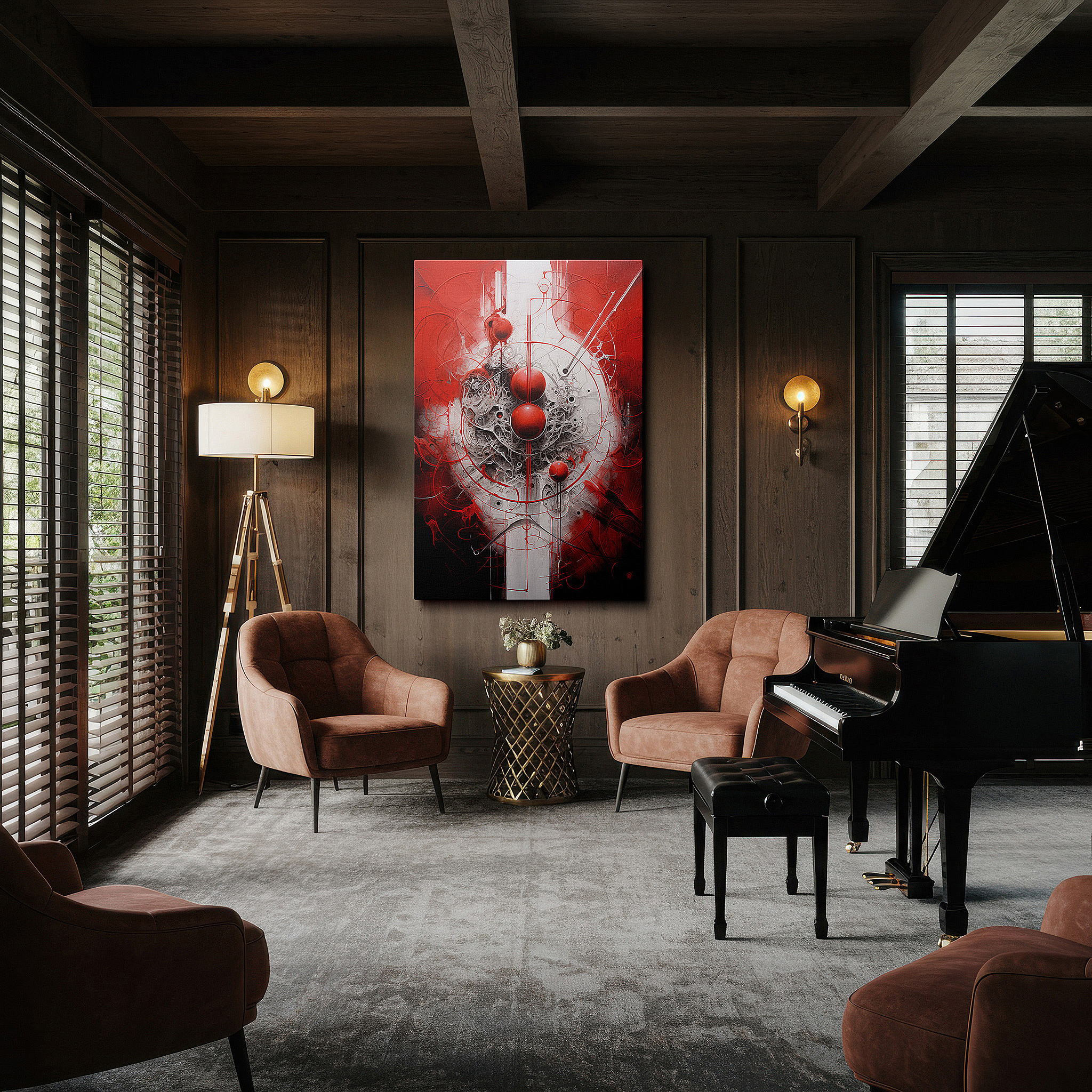 Framed by abstract decor and natural-toned accessories — bright reds and crisp whites swirl on the canvas, forming a concert of circular forms and abstract strokes, ideal for large wall art, canvas wall art, and wall decor.