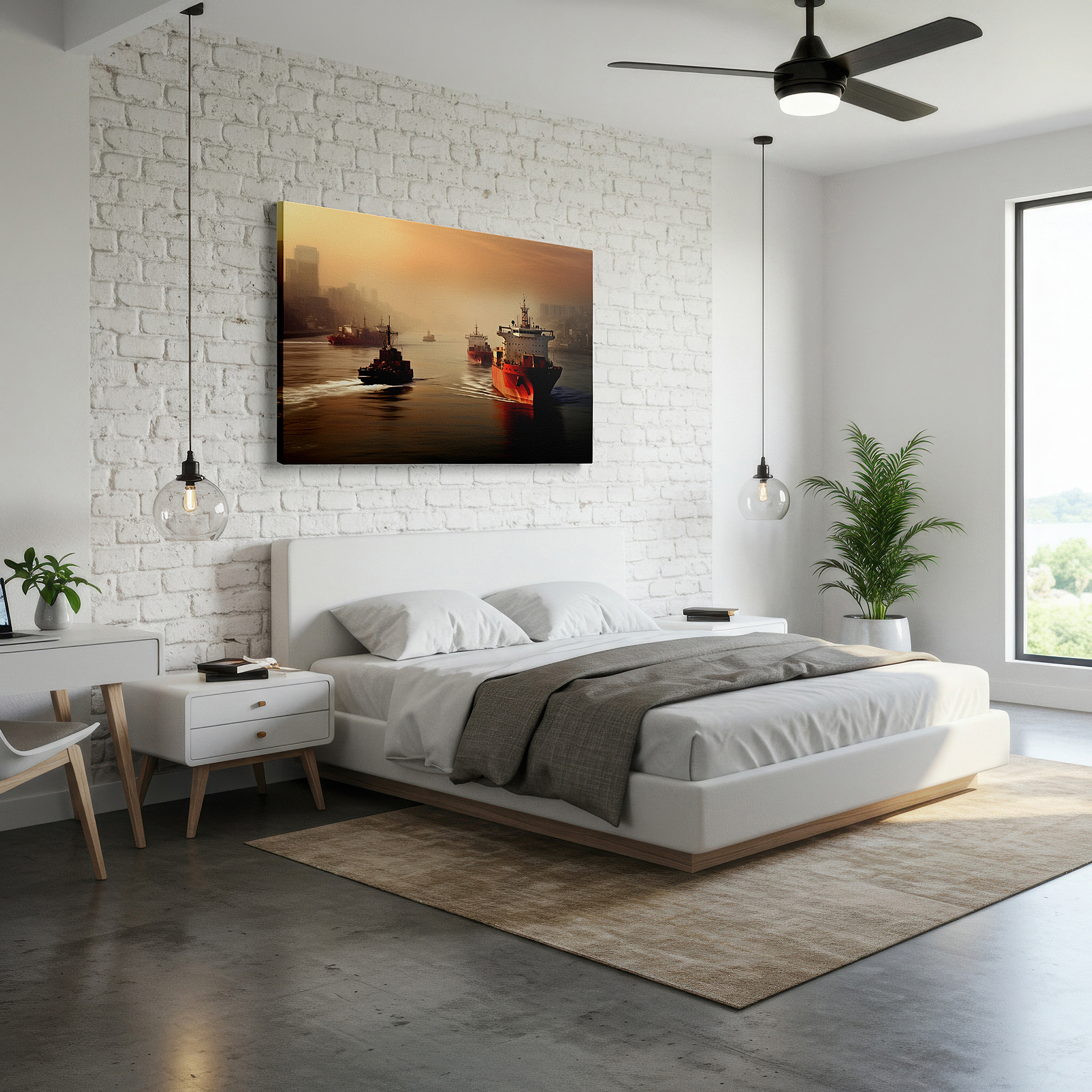 Framed by abstract decor and natural-toned accessories — cargo ships at dusk: where industrial energy and scenic calm merge in a reflective waterway scene - large wall art, canvas wall art, wall decor for office