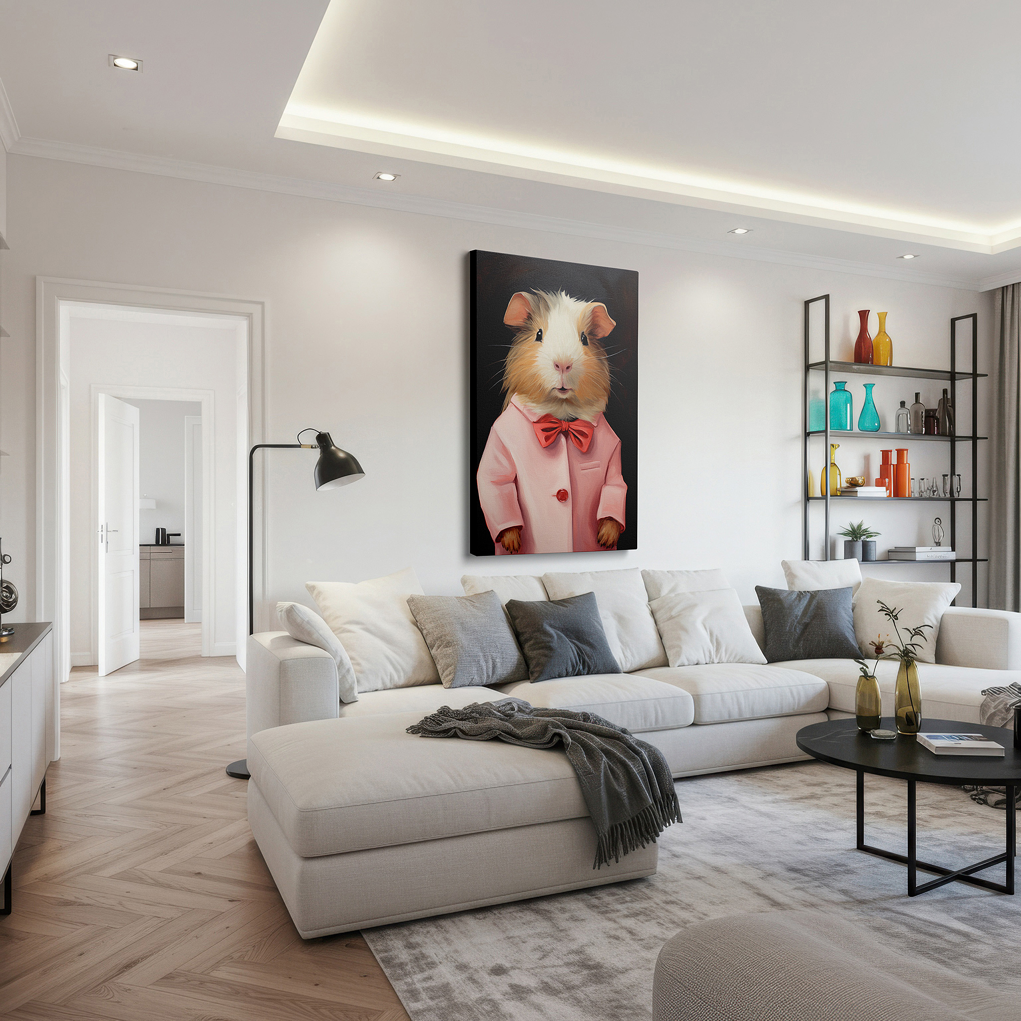Framed by abstract decor and natural-toned accessories — charming and sophisticated guinea pig in pink coat and bowtie large canvas wall art, perfect for office decor
