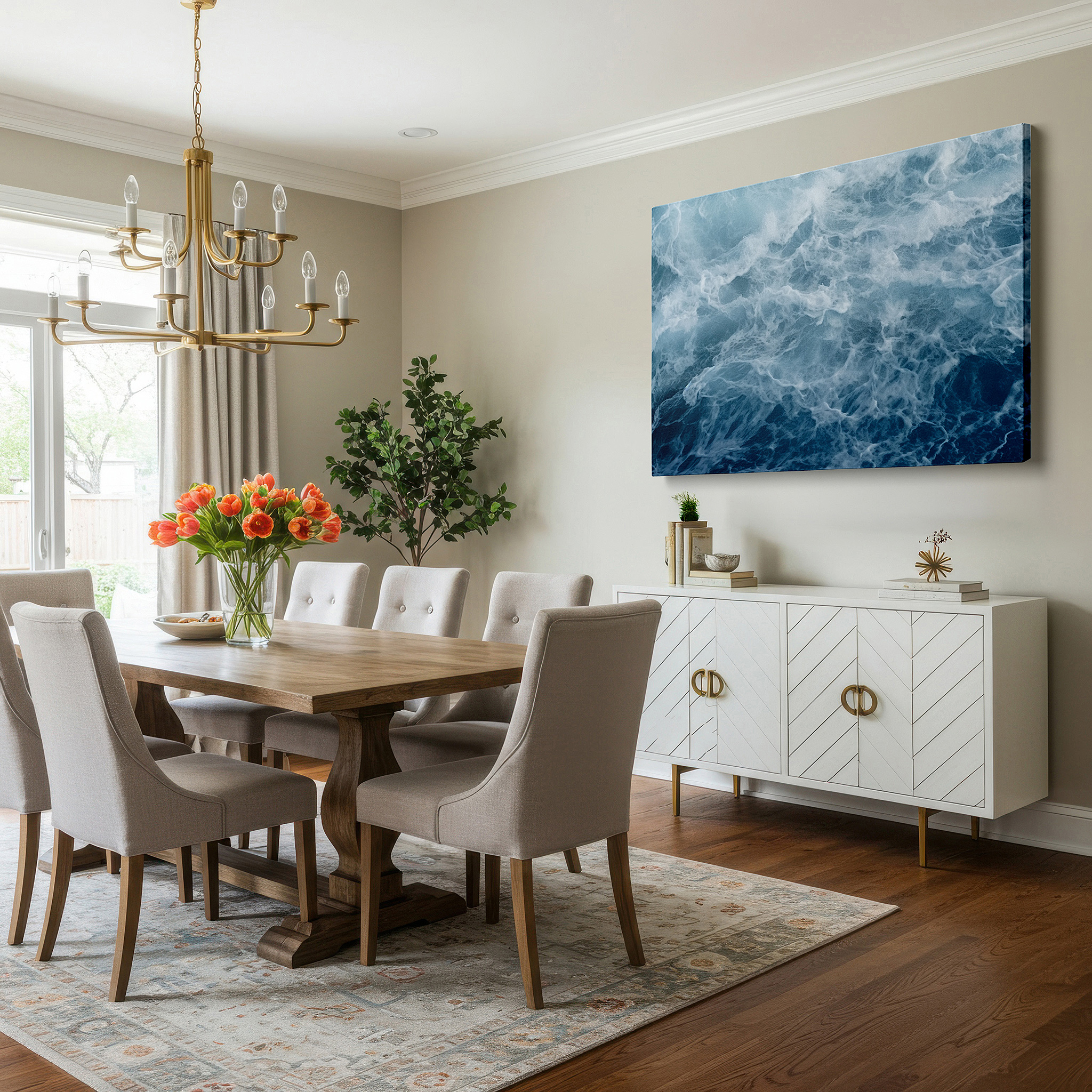 Framed by abstract decor and natural-toned accessories — crashing waves - a striking display of nature's force and calm in blue, large canvas wall art for home and office decor