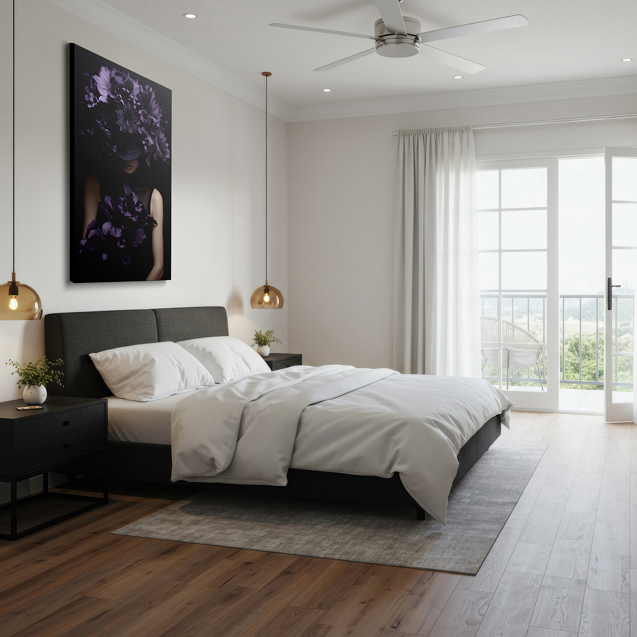 Framed by abstract decor and natural-toned accessories — dark purple flowers and enigmatic model: luxurious fashion-inspired large wall art, canvas decor for office and home
