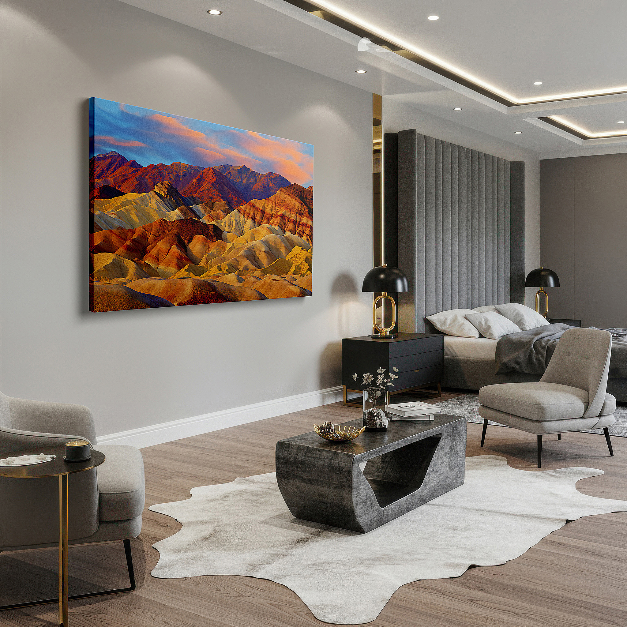 Framed by abstract decor and natural-toned accessories — desert twilight embrace - stunning landscape with rolling hills and majestic mountains, large canvas wall art decor