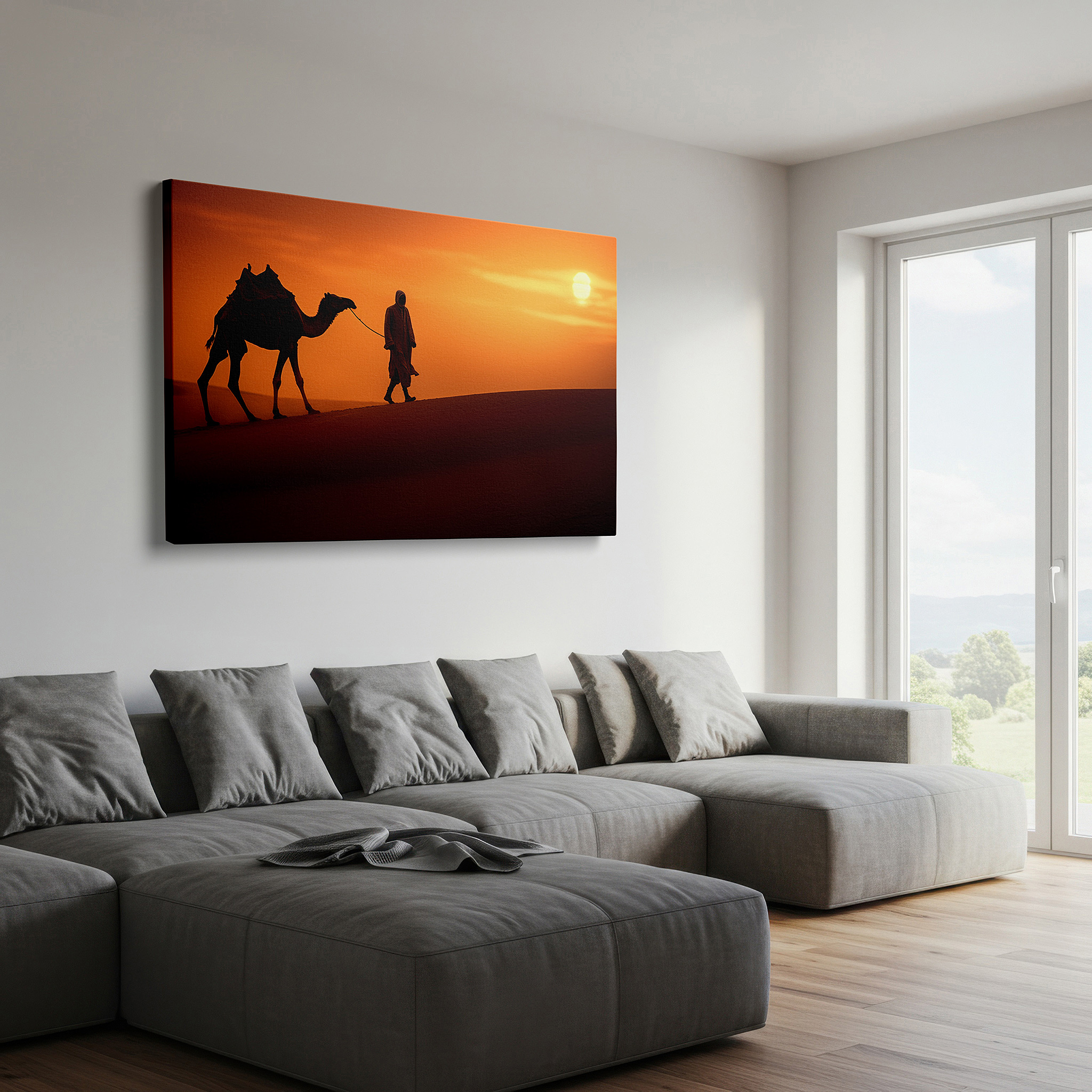 Framed by abstract decor and natural-toned accessories — desert voyage at dusk: a story of persistence and splendor in nature - large wall art, canvas, home and office decor