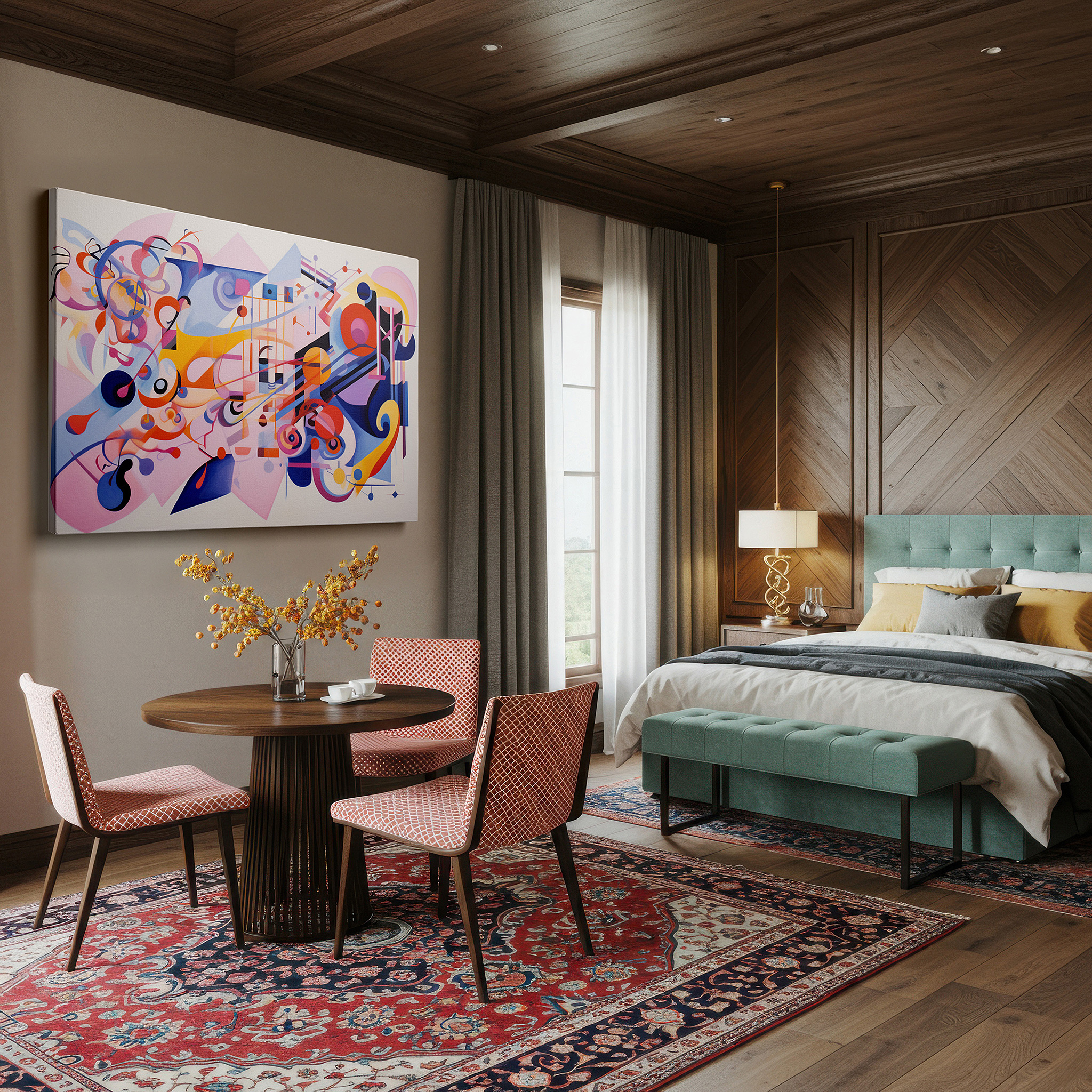 Framed by abstract decor and natural-toned accessories — dynamic abstract artwork featuring fluid shapes and vibrant patterns, large canvas wall decor for office and bedroom