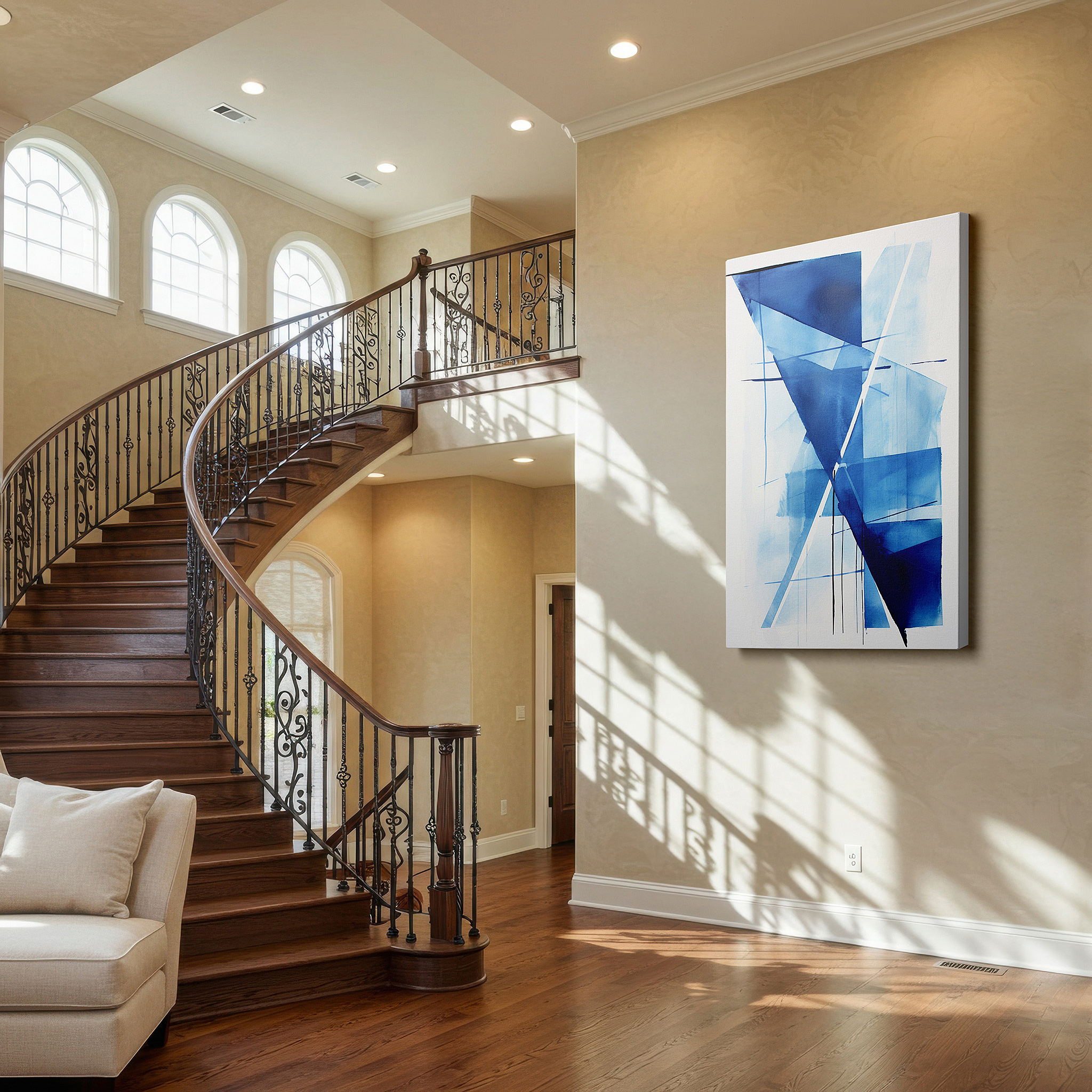 Framed by abstract decor and natural-toned accessories — dynamic blue abstract: a fusion of shapes and emotions in contemporary aesthetics - large wall art, canvas wall art, wall decor for office and bedroom