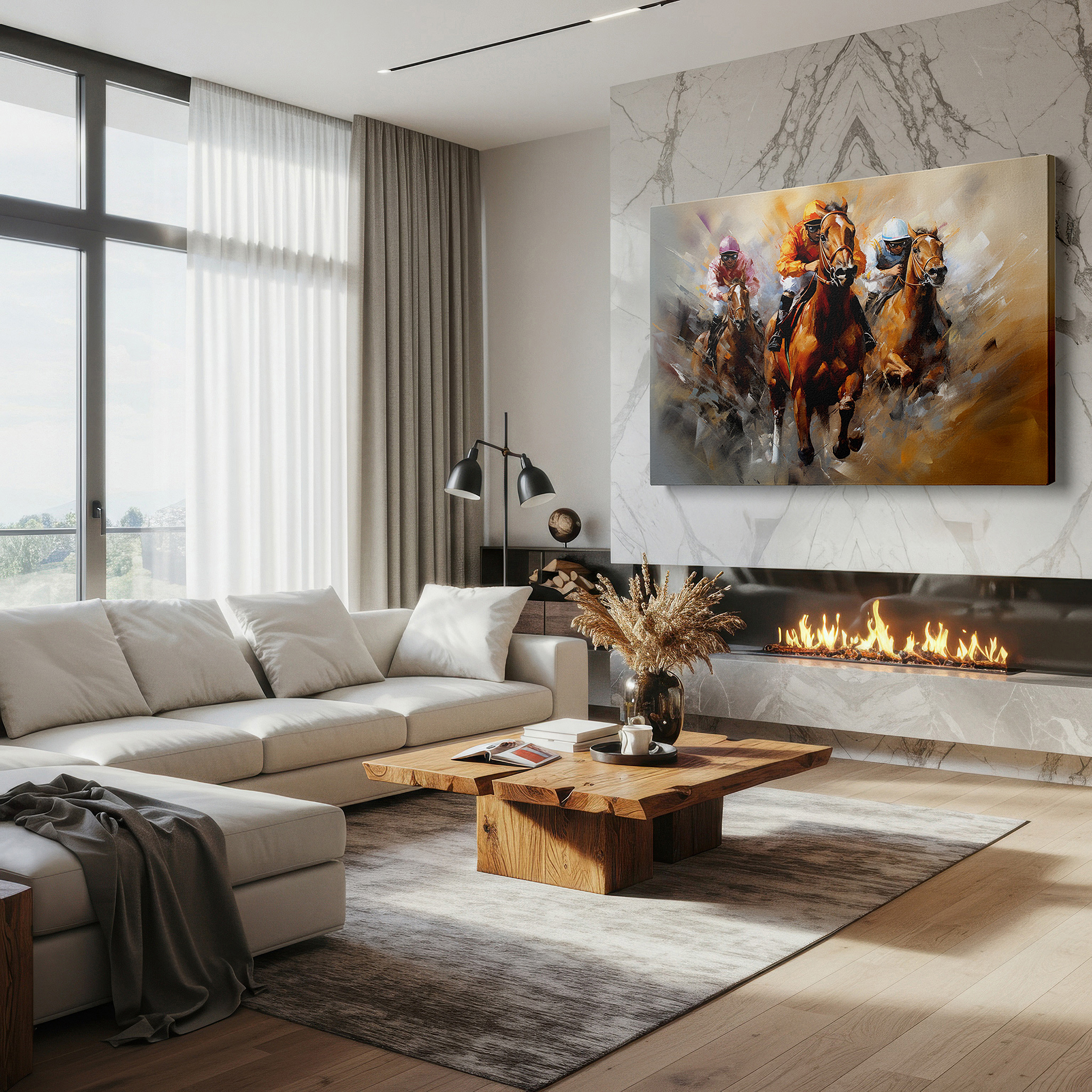 Framed by abstract decor and natural-toned accessories — dynamic horse racing canvas: showcasing competition and energy, ideal for office, living room, or bedroom decor