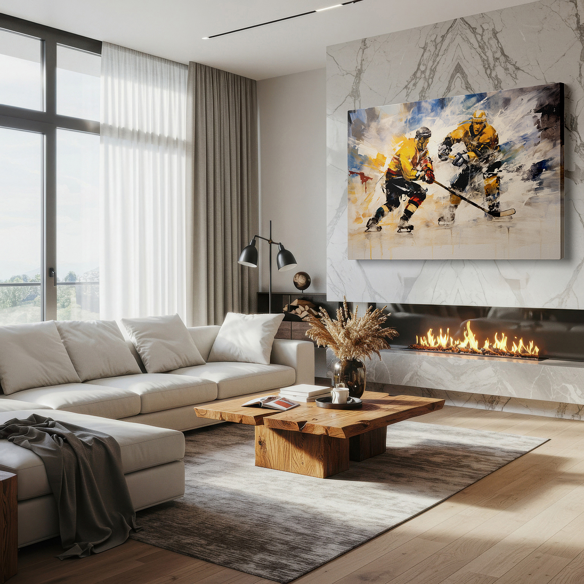 Framed by abstract decor and natural-toned accessories — dynamic ice hockey showdown - large wall art featuring speed and strategy, canvas wall art, wall decor for office and bedroom