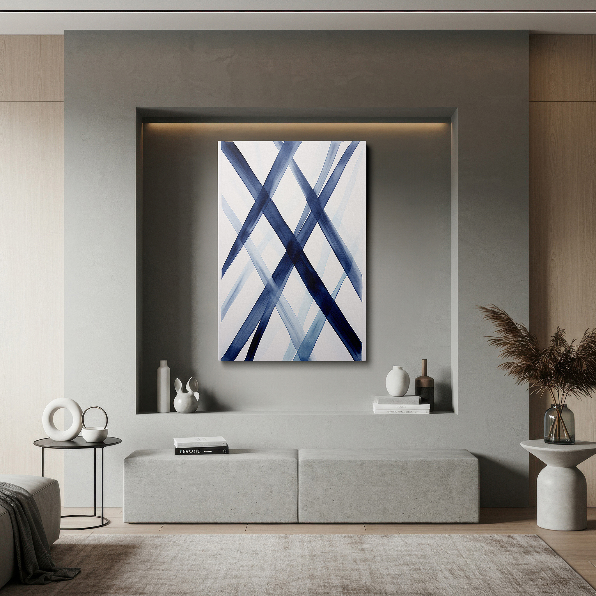 Framed by abstract decor and natural-toned accessories — elegant abstract art featuring rich blue shades and bold diagonal lines - large canvas wall decor for office and bedroom
