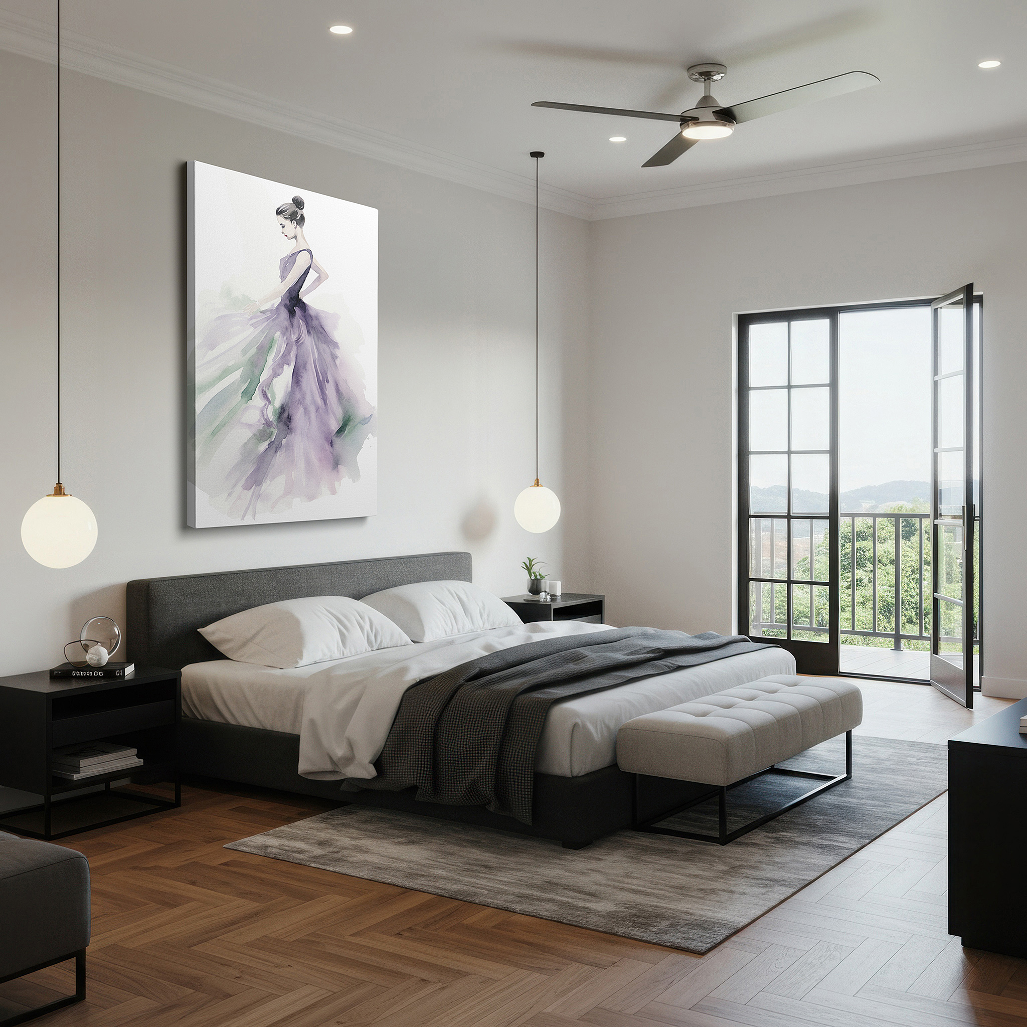 Framed by abstract decor and natural-toned accessories — elegant purple grace - watercolor light and shadow dance large wall art, canvas decor for office and bedroom