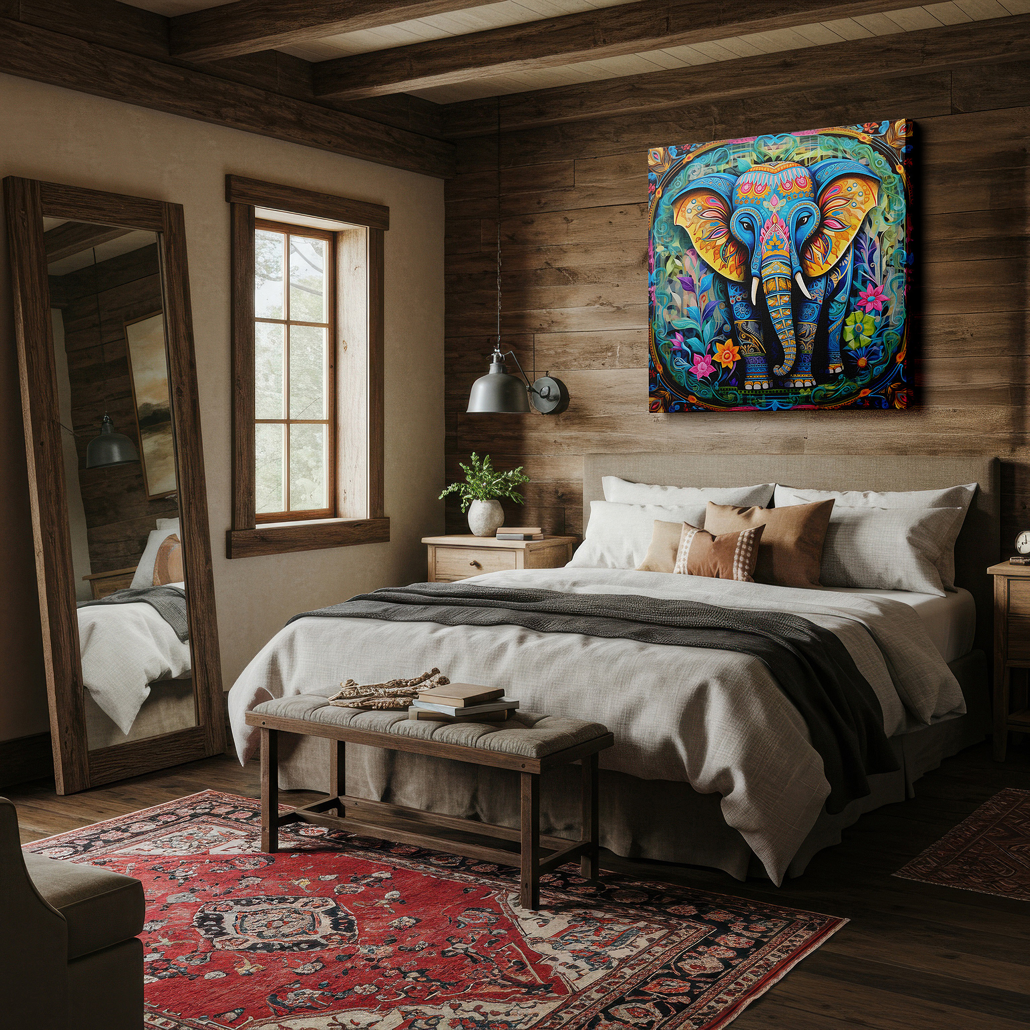 Framed by abstract decor and natural-toned accessories — elephant of wisdom and strength wall art: vibrant cultural and artistic celebration, ideal for office and bedroom decor, available in large canvas sizes