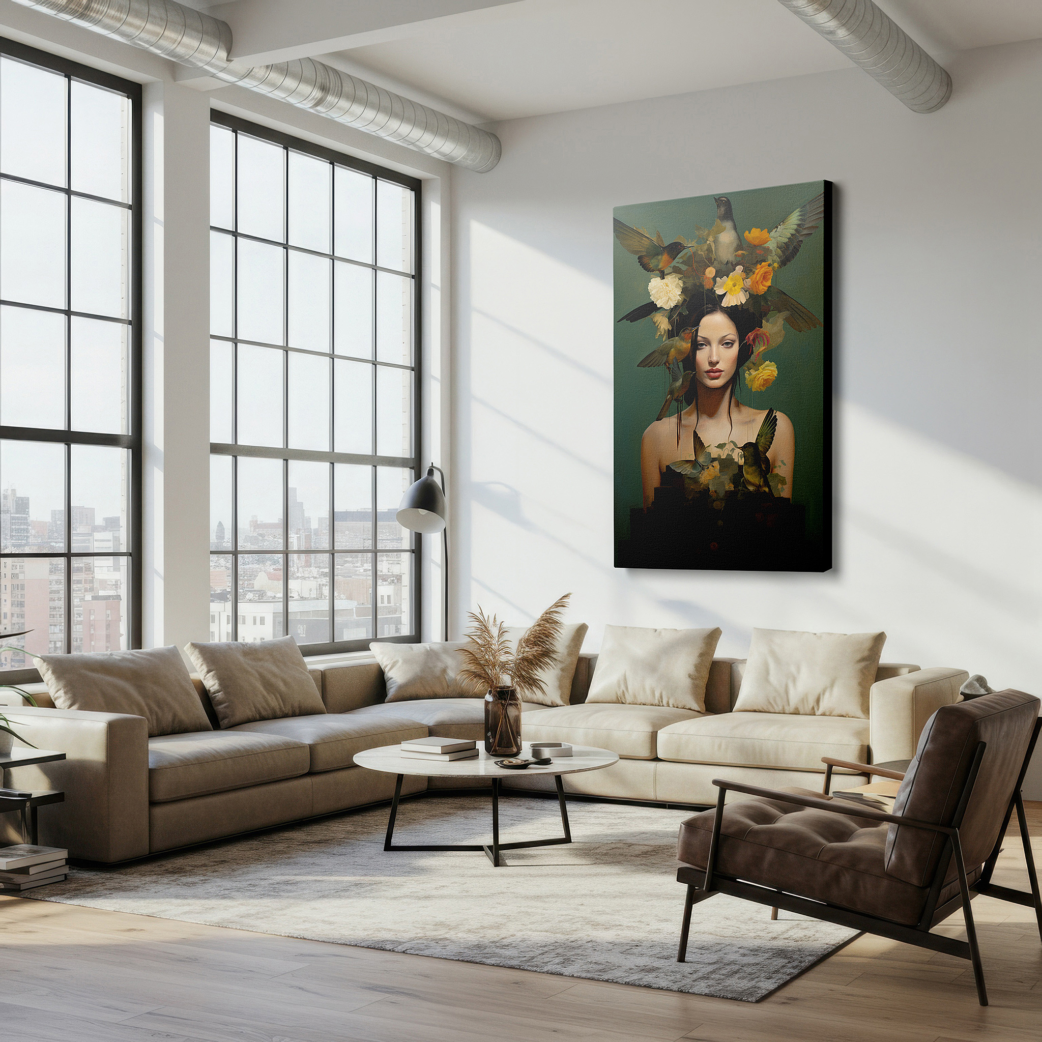 Framed by abstract decor and natural-toned accessories — ethereal beauty and freedom with a crown of birds and flowers: large canvas wall art for office, bedroom, and living room decor