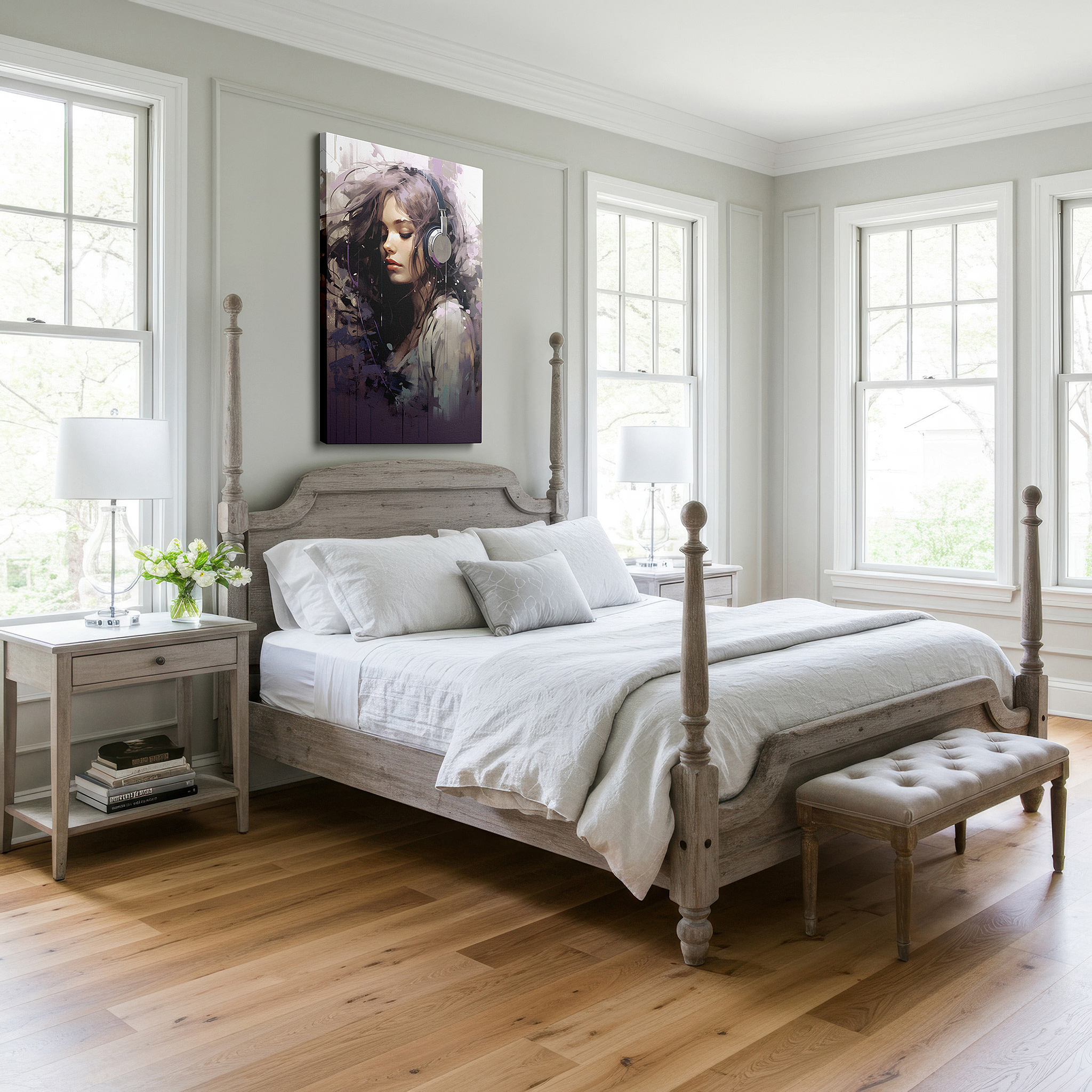 Framed by abstract decor and natural-toned accessories — ethereal melodies: a young girl enveloped by music - large wall art, canvas wall art, wall decor for office and bedroom
