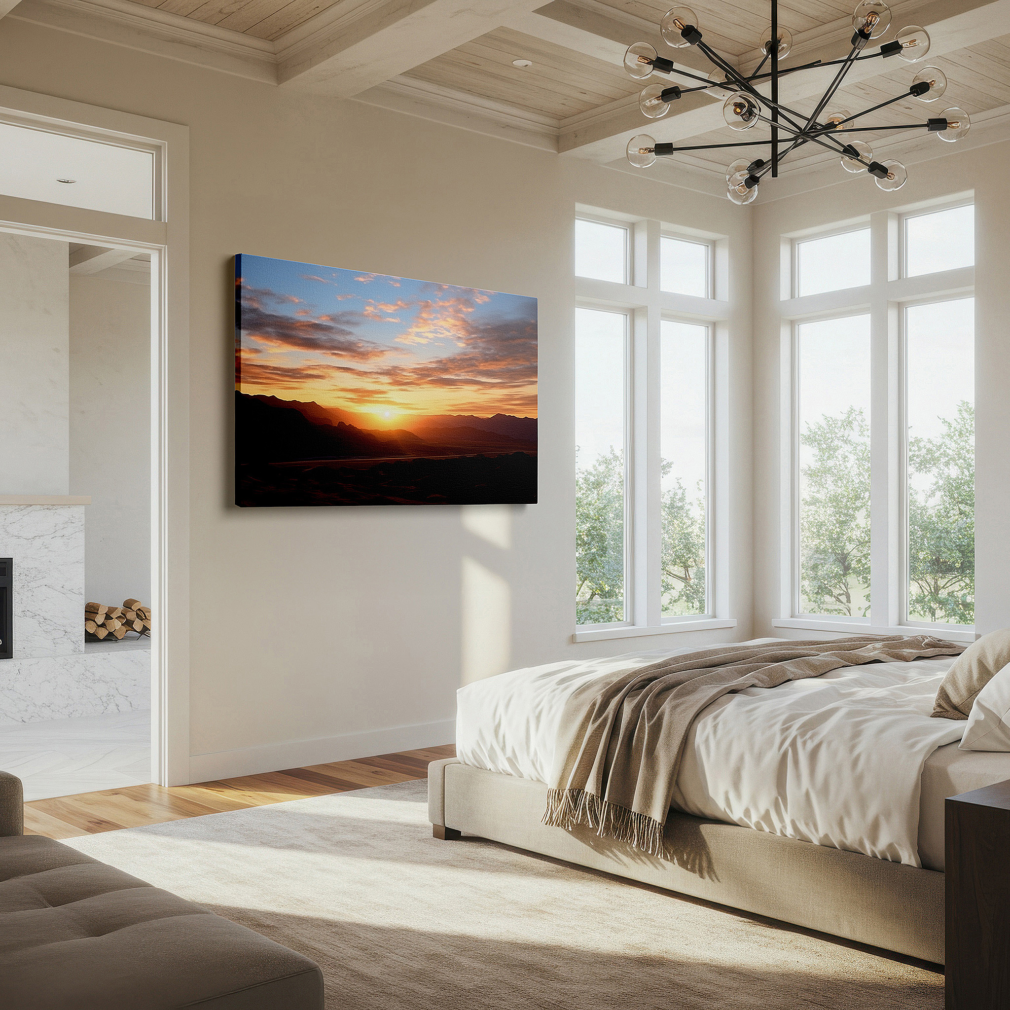 Framed by abstract decor and natural-toned accessories — ethereal sunset over rugged desert landscape, dramatic light and shadow canvas wall art, large wall decor for office and bedroom
