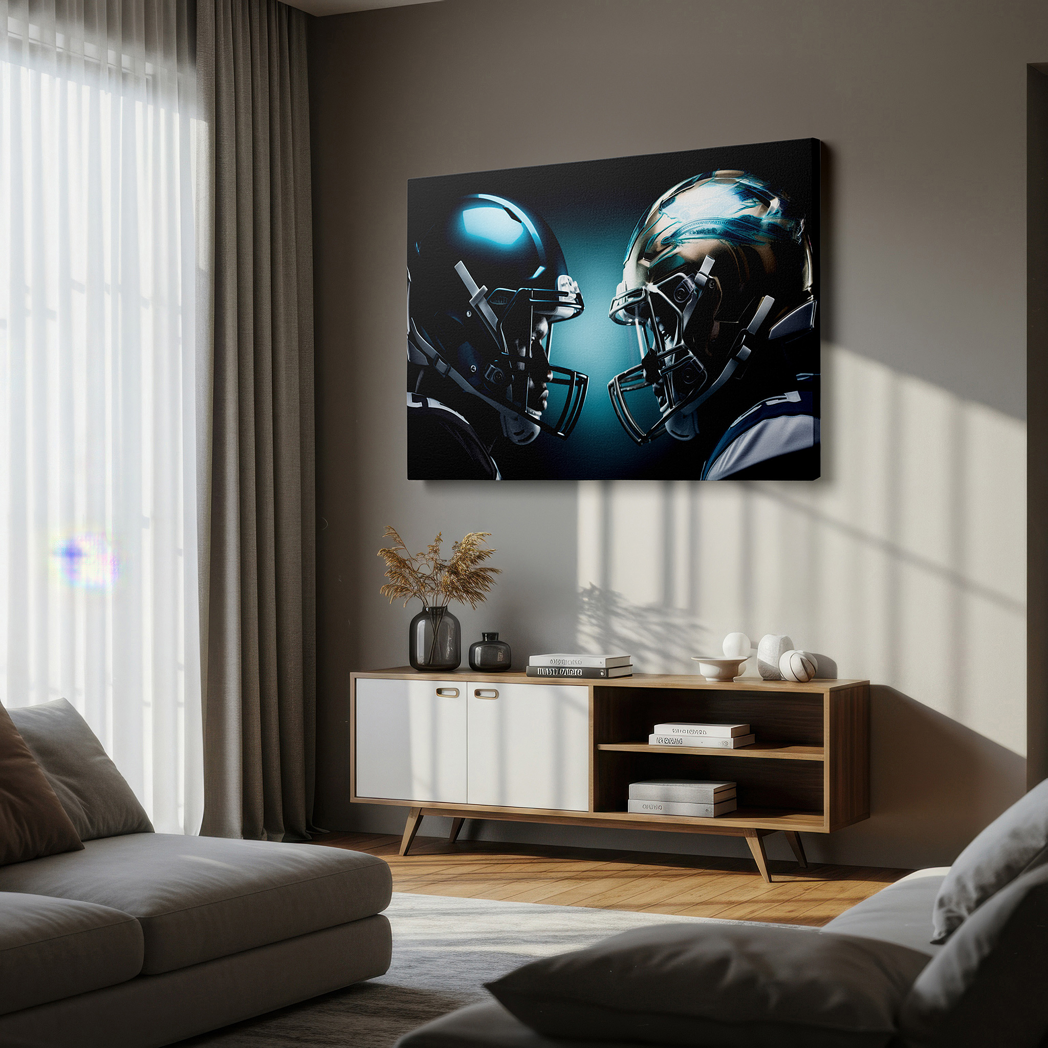 Framed by abstract decor and natural-toned accessories — football rivalry helmets - intense pre-game face-off depicting the competitive essence of football, large canvas wall art for office decor