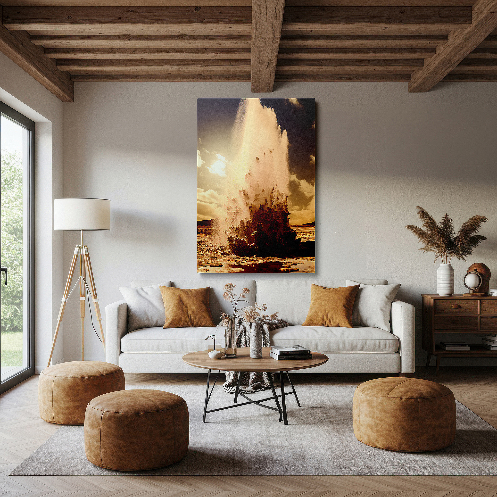 Framed by abstract decor and natural-toned accessories — geyser eruption in wild majesty: a stunning exhibition of nature's force - large canvas wall art for office and bedroom decor