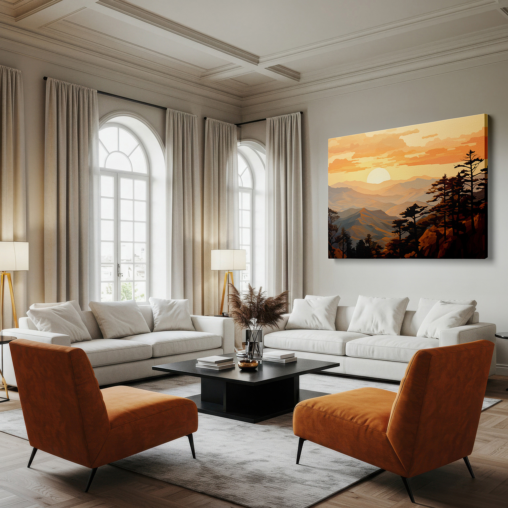 Framed by abstract decor and natural-toned accessories — golden sunrise over majestic mountains: a vivid landscape of light and shadow - large canvas wall art for office and bedroom decor
