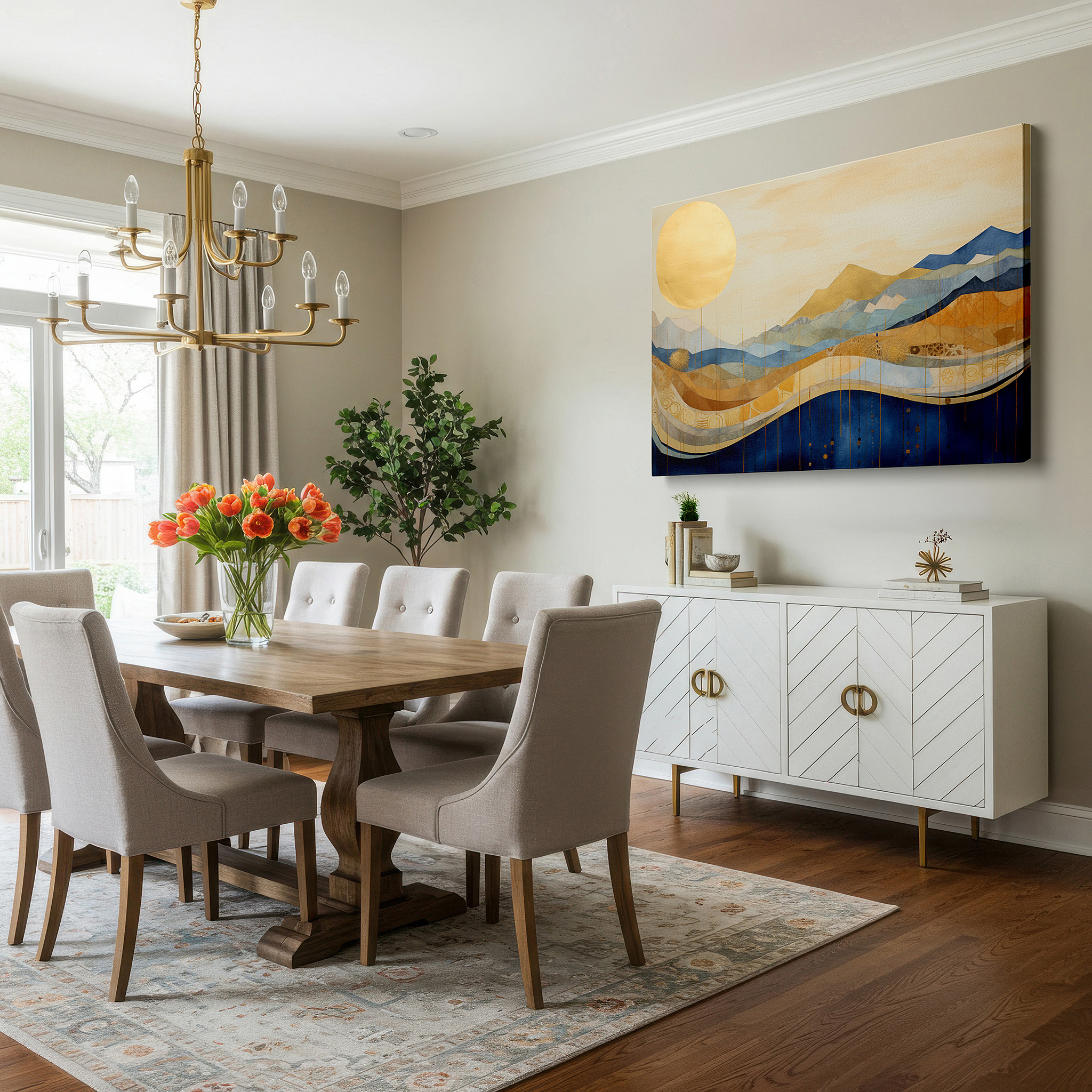 Framed by abstract decor and natural-toned accessories — golden sunrise over serene mountain landscape, symbolizing warmth and optimism - large canvas wall art for office and bedroom decor