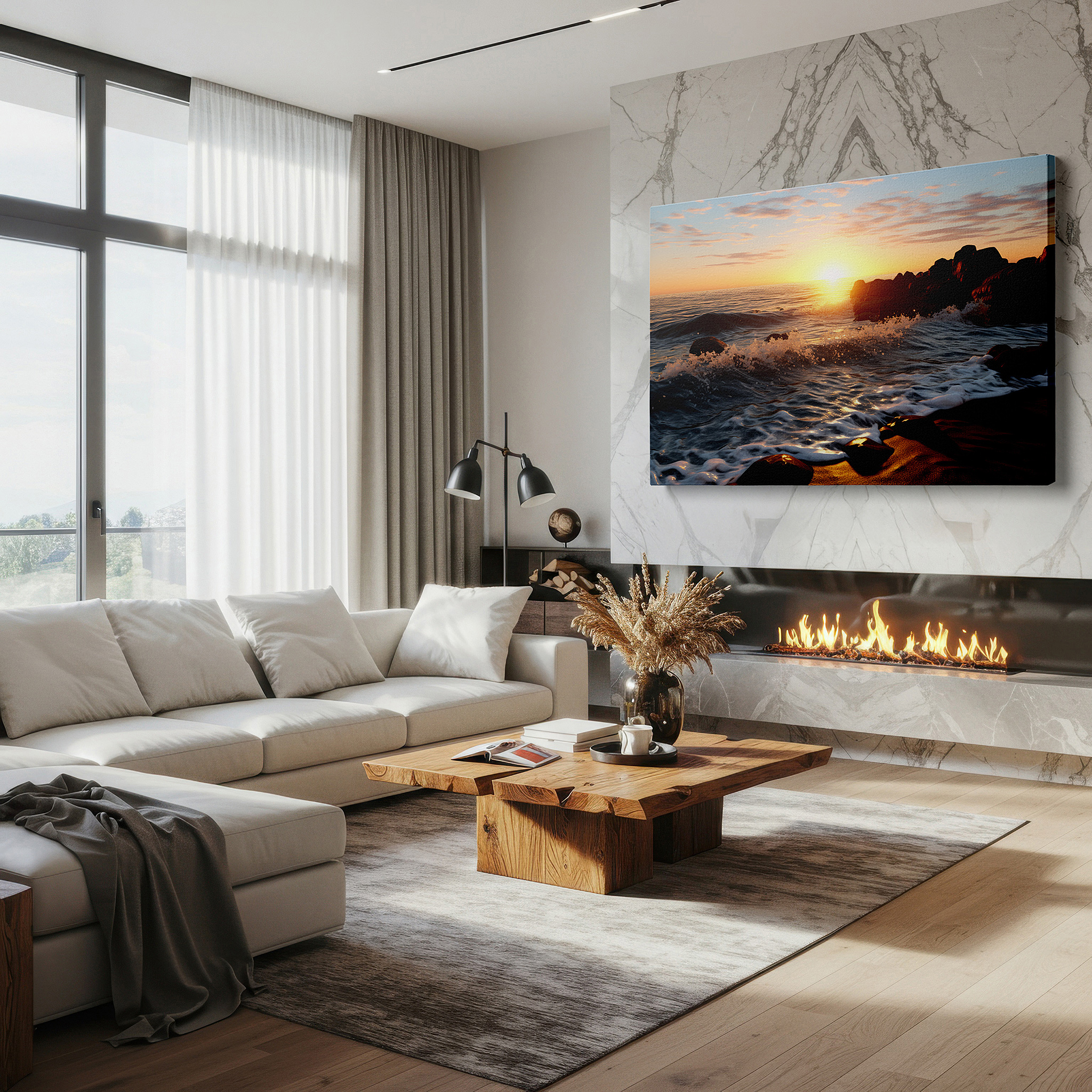 Framed by abstract decor and natural-toned accessories — golden sunset embrace over tranquil sea - serene coastal symphony large wall art, canvas wall art, wall decor for office and bedroom